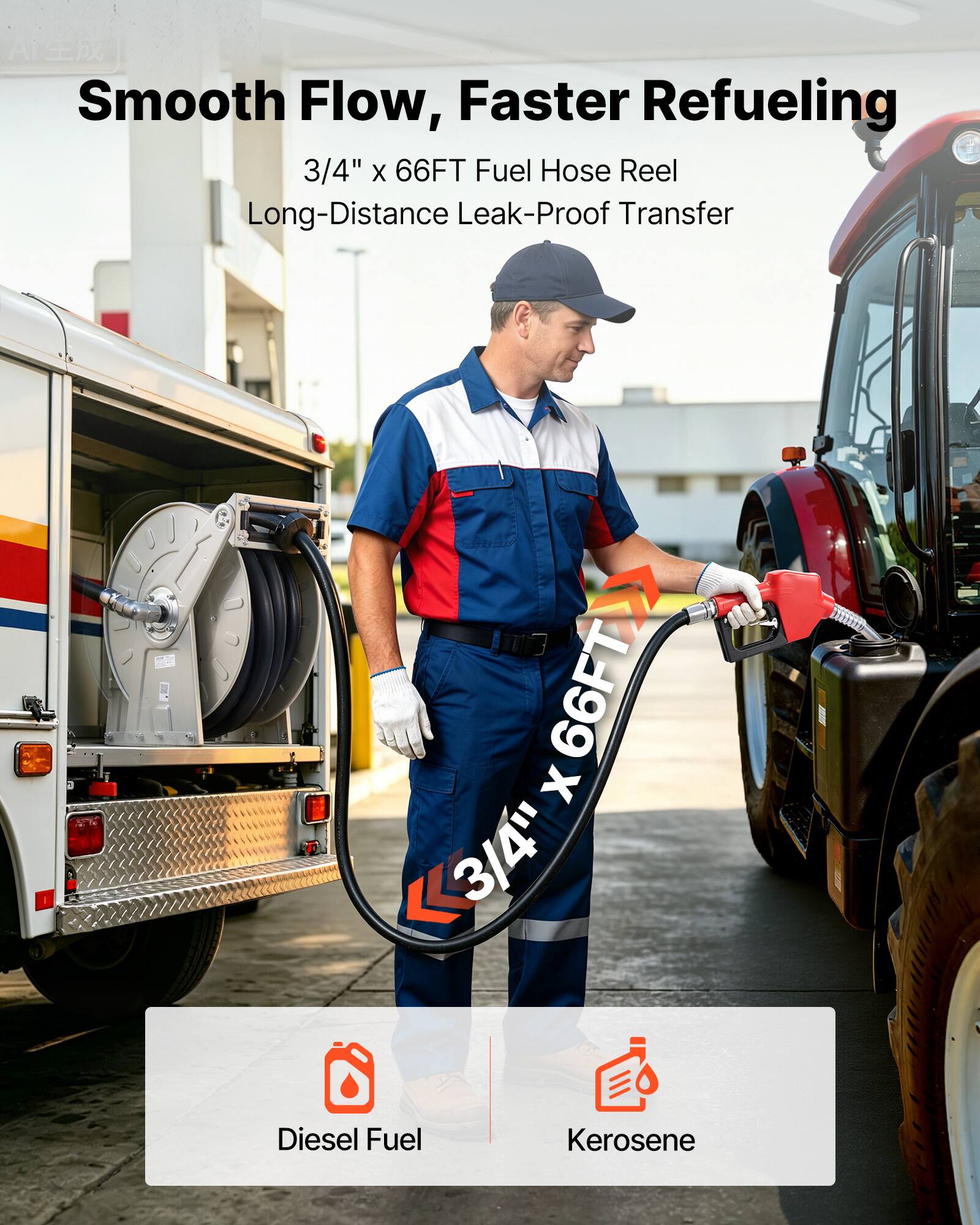 Smooth Flow, Faster Refueling  
3/4" x 66FT Fuel Hose Reel  
Long-Distance Leak-Proof Transfer  
1 66FT x 3/4" Diesel Fuel Kerosene