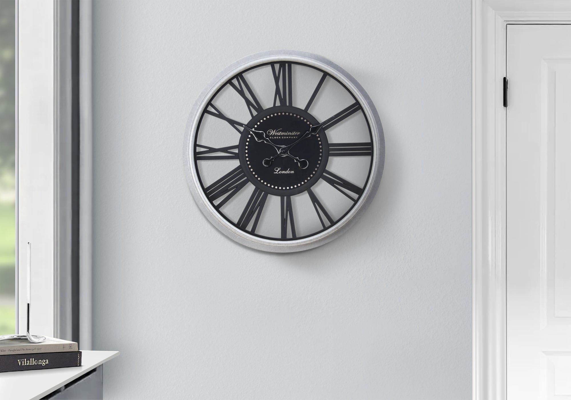 BreeBe - Clocks, 20' Round, Wall Clock, Silver, Transitional - Black