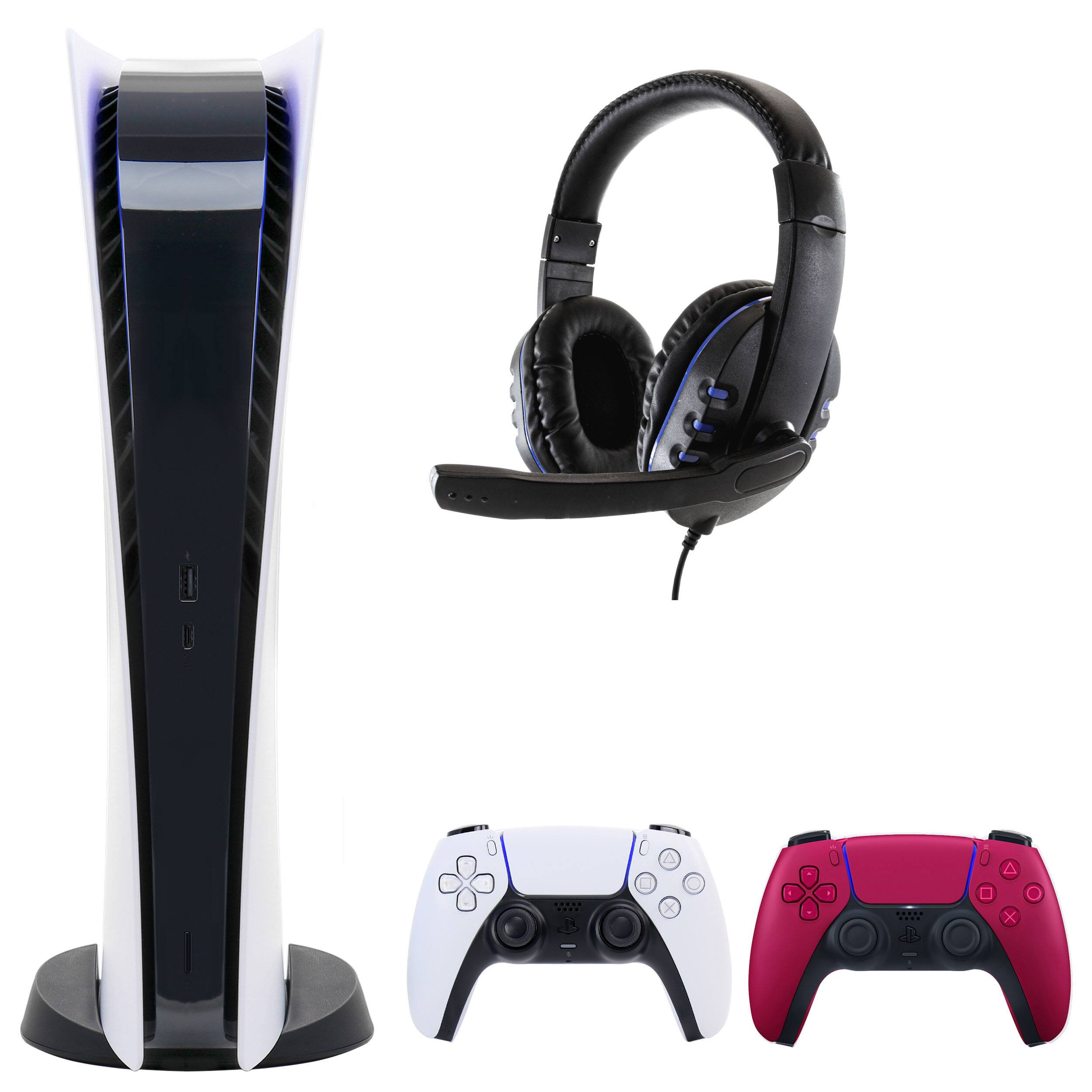 Front. Sony - PS5 Digital Console with Extra Red Dualsense Controller and Universal Headset - White.