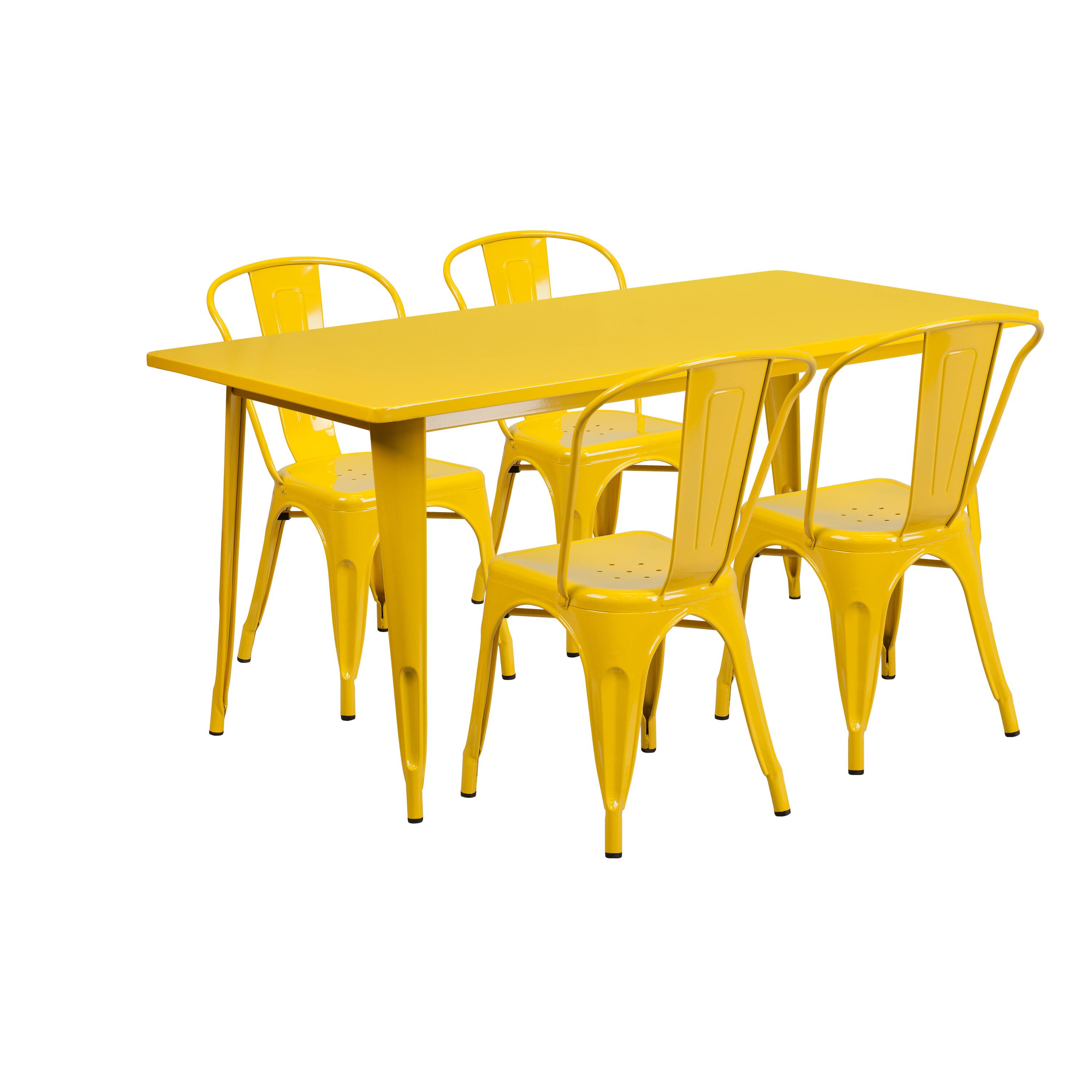 Alt View 1. Emma + Oliver - Commercial Grade Rectangular Metal Indoor-Outdoor Table Set with 4 Stack Chairs - Yellow.