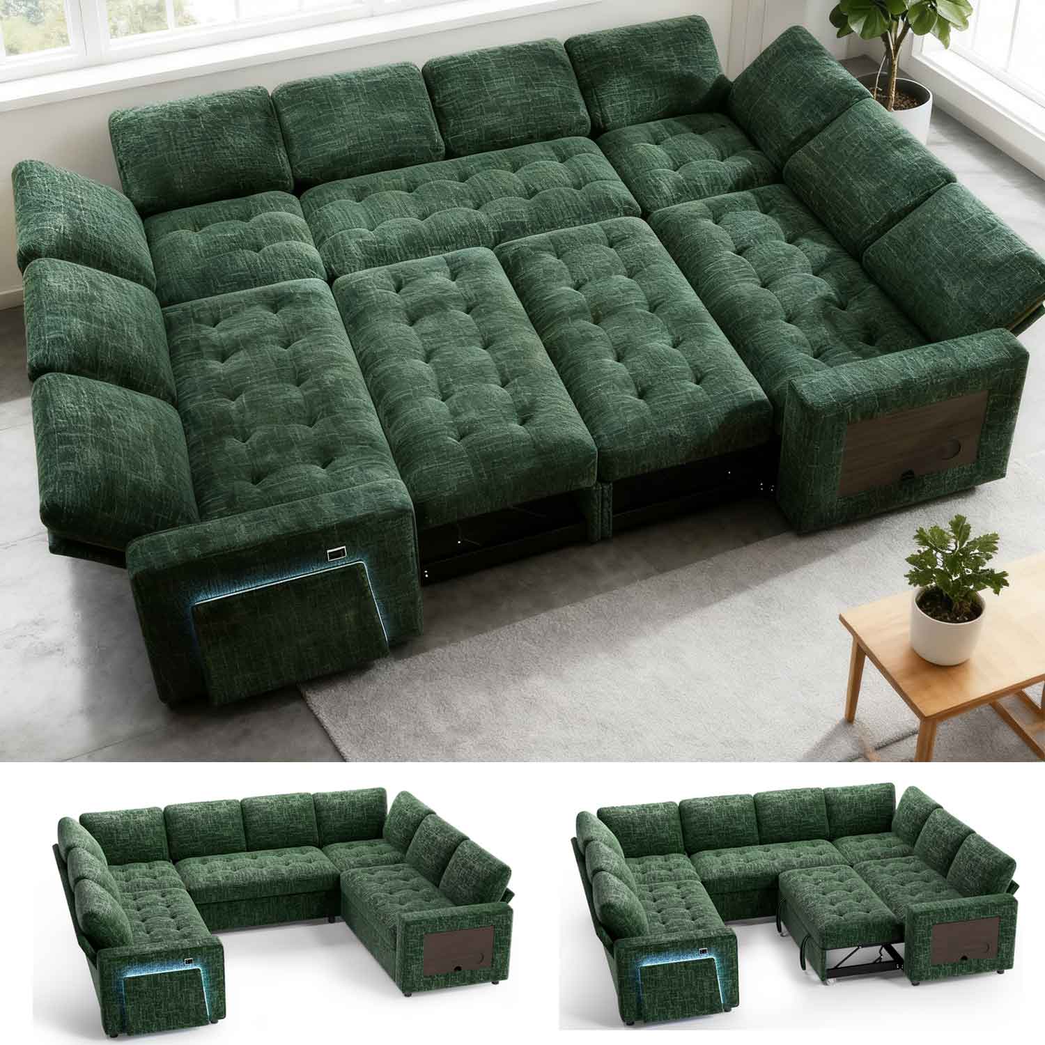 Front. Dyonery - Dyonery 8 Seat Modular Sectional Sleeper Sofa,Pull-Out Bed, Reclining Backrest, USB Ports, Side Table, Green - Green.