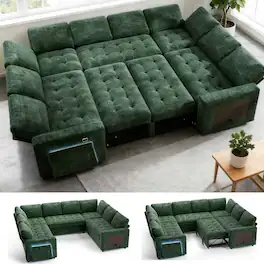 Dyonery - 8 Seat Modular Sectional Sleeper Sofa,Pull-Out Bed, Reclining Backrest, USB Ports, Side Table, Green - Green