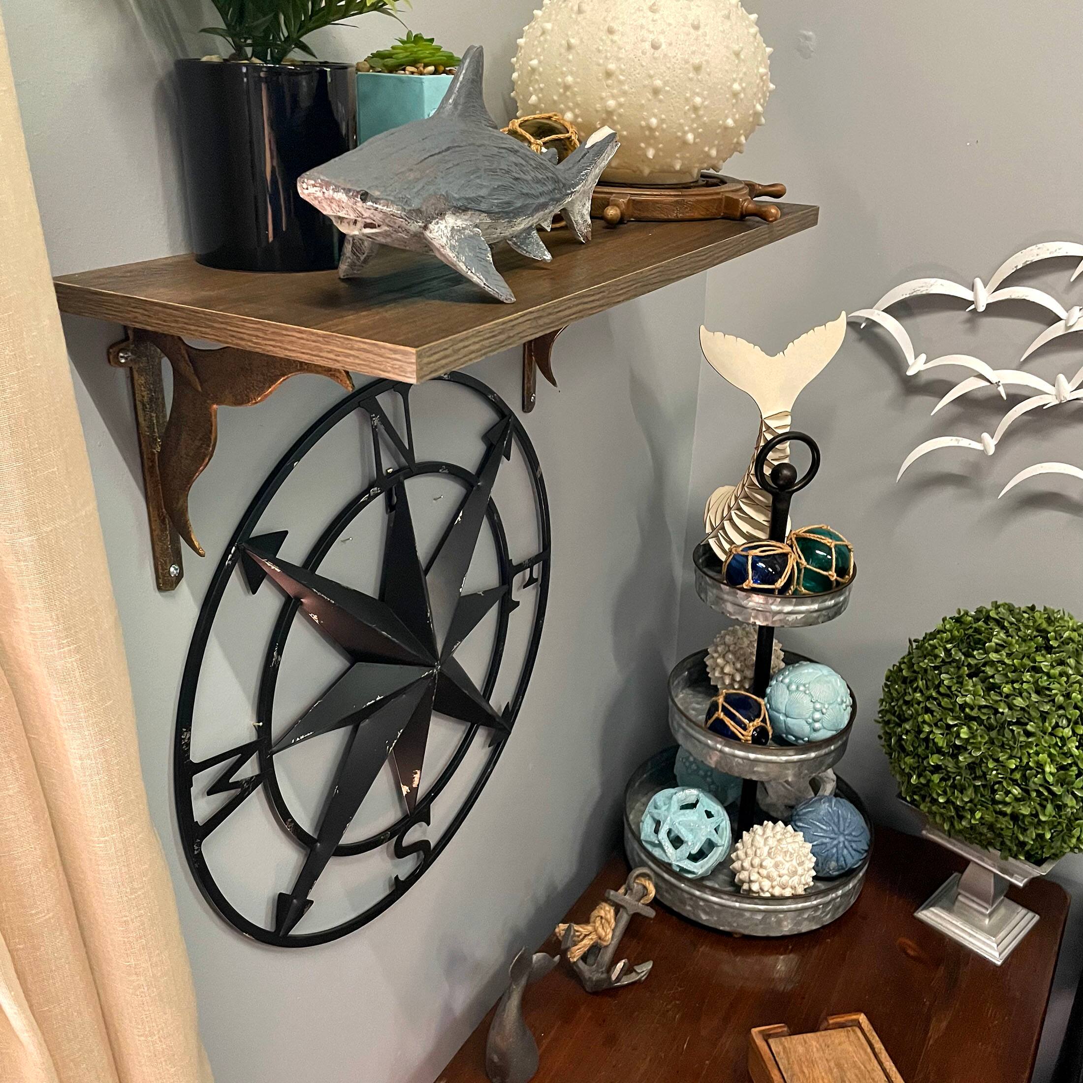 Alt View 5. Zeckos - 20 Inch Distressed Metal Compass Rose Nautical Wall Decor Indoor Outdoor, Black - Black.