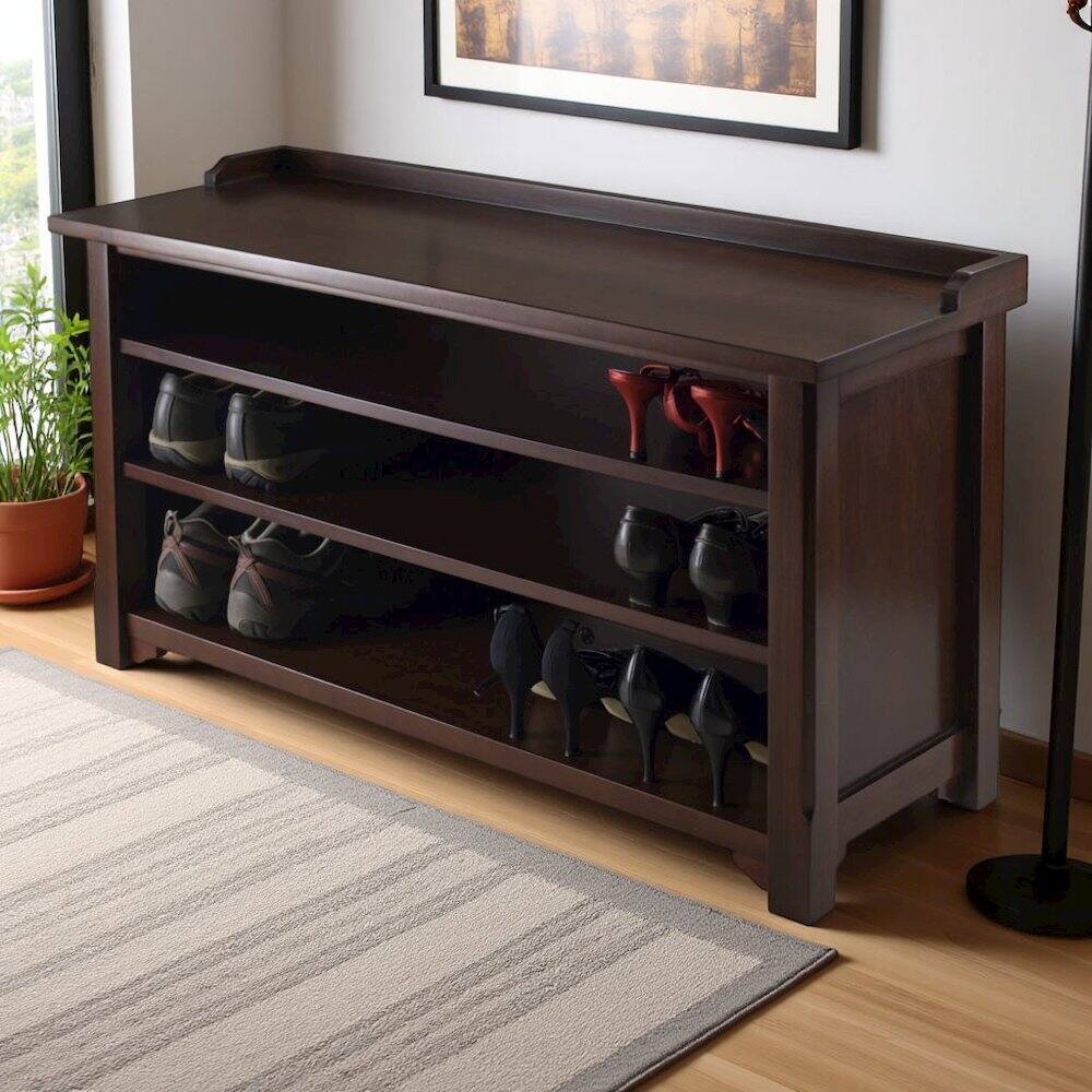 Left. FurniFact - Antique Walnut Entryway Bench with Shoe Storage – Compact & Functional - Walnut.