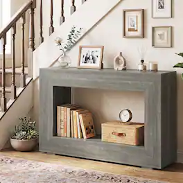 Costway - 47" Farmhouse Console Table 2-Tier Sofa Table Behind Couch with Open Storage Shelf - Gray Oak