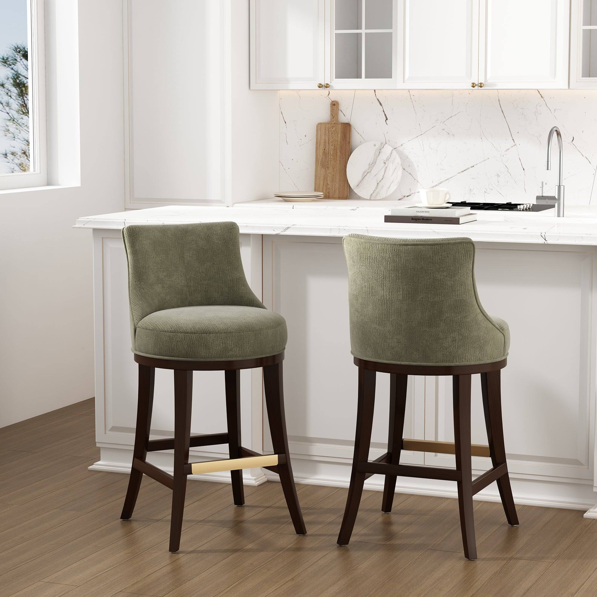 Angle. Manhattan Comfort - Lucia Modern Wood Upholstered Chenille Barstool - Set of 2 - Leaf Green.