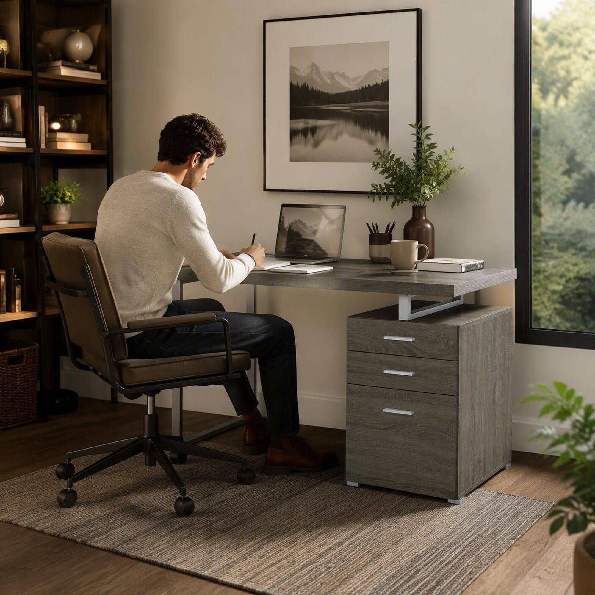 Angle. RYHNUYNE - Reversible 3-Drawer Office Desk, Weathered Grey Finish, Metal Legs, 47.25 in Wide Workstation for Home Office and Study - Grey.