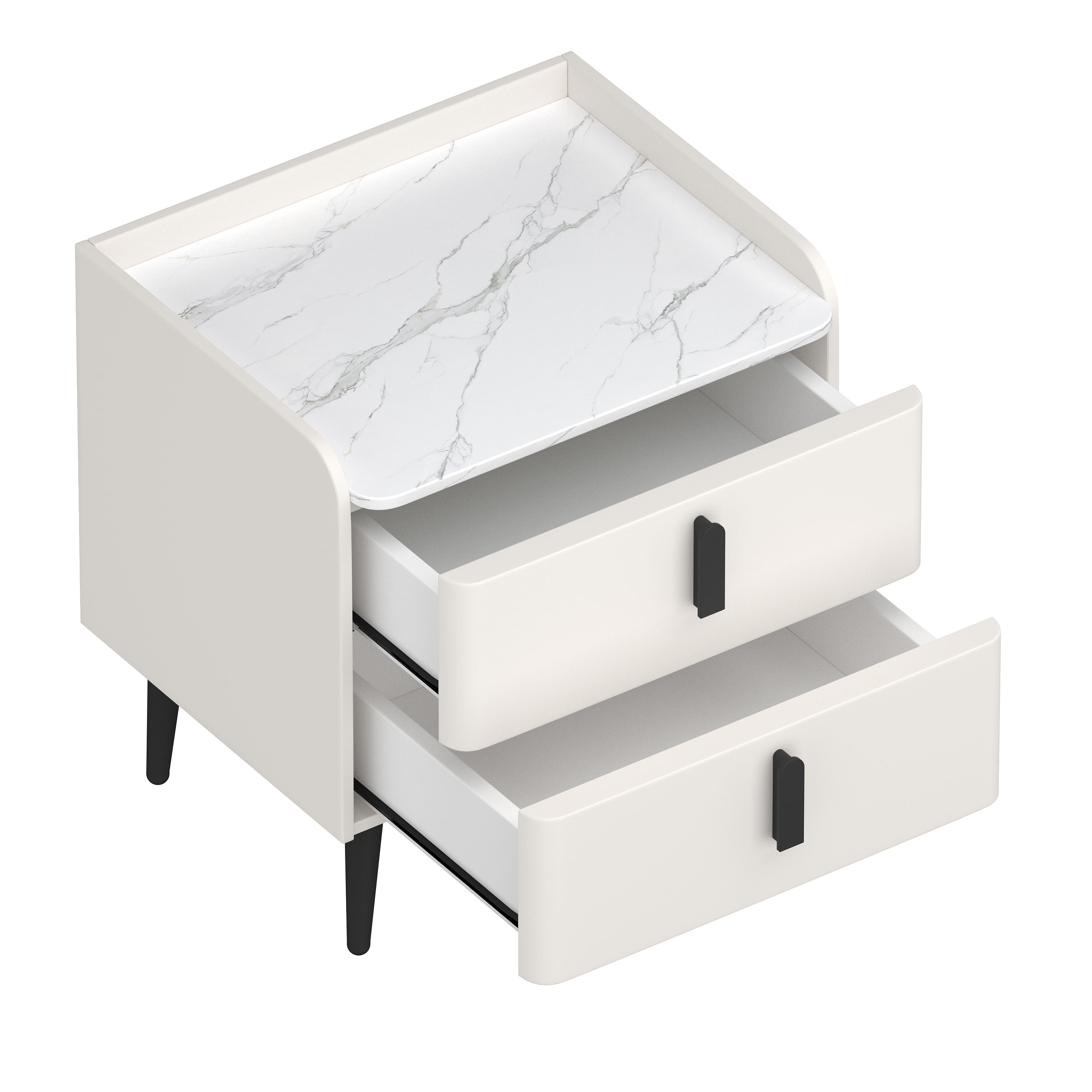 Spaco - Stylish Nightstand with 2 Drawers - Marble-Patterned Tabletop for Bedroom & Living Room Decoration - White