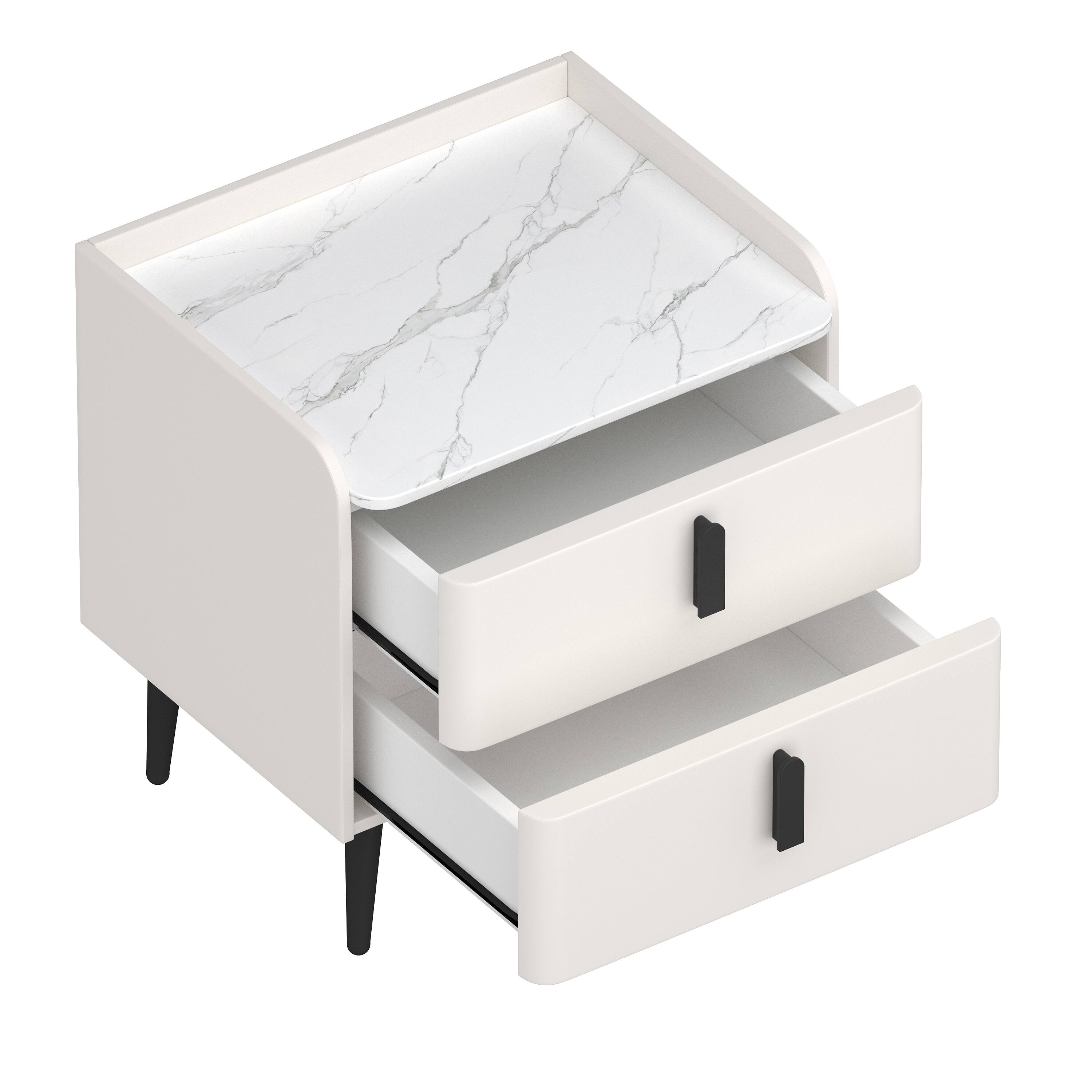 Spaco - Stylish Nightstand with 2 Drawers - Marble-Patterned Tabletop for Bedroom & Living Room Decoration - White