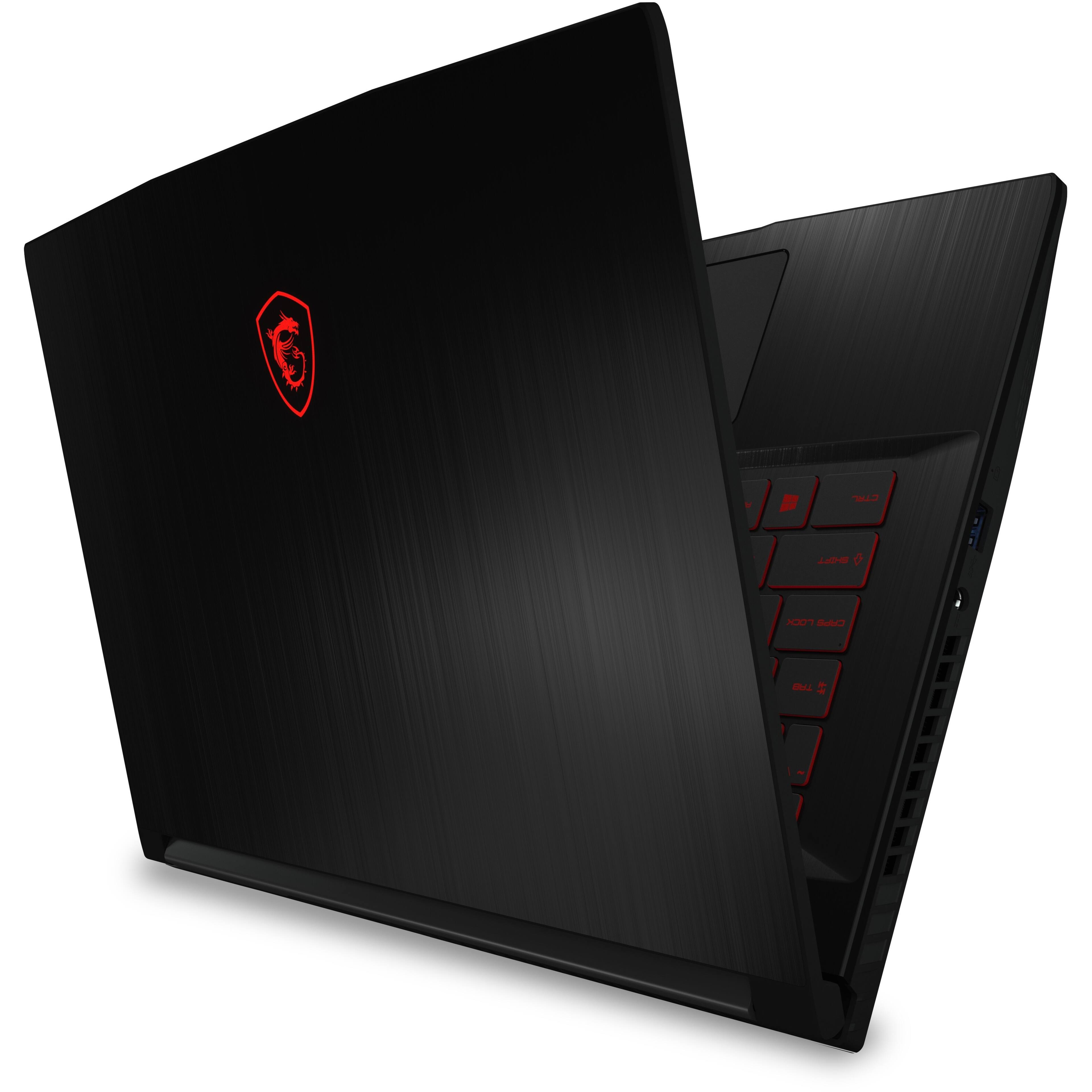 The image shows a black laptop computer with a red logo on the back. The laptop is open, revealing its keyboard.
