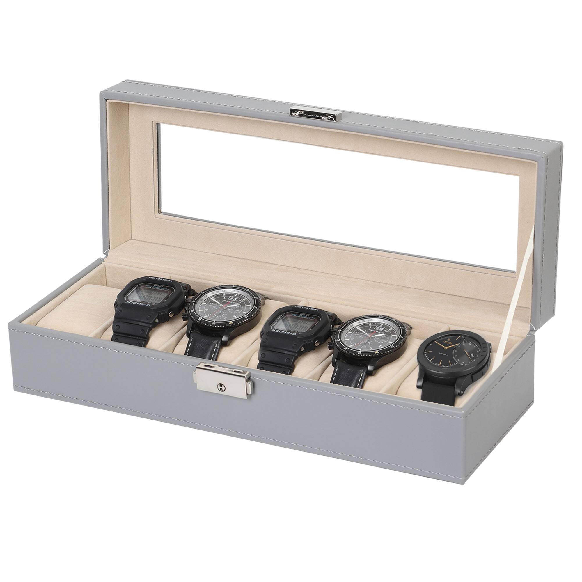 Alt View 1. Oumilen - Watch Storage Box with Lock, Clear Top Display Watch Case with Removable Velvet Pillows， Gray - Gray.