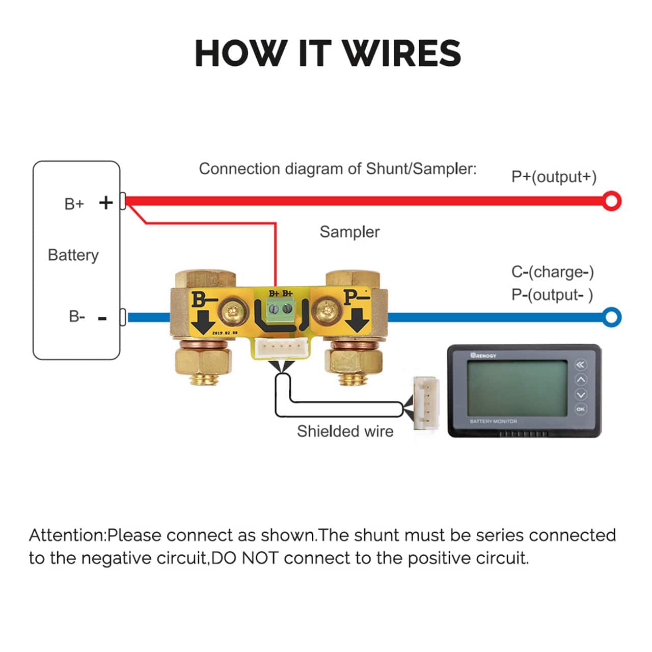 HOW IT WIRES:
Connection diagram of Shunt/Sampler:
P+(output+) - Battery
B- - B-
B+ - B+
Sampler
P - C-(charge-)
P-(output-)
Attention: Please connect as shown. The shunt must be series connected to the negative circuit, DO NOT connect to the positive circuit.