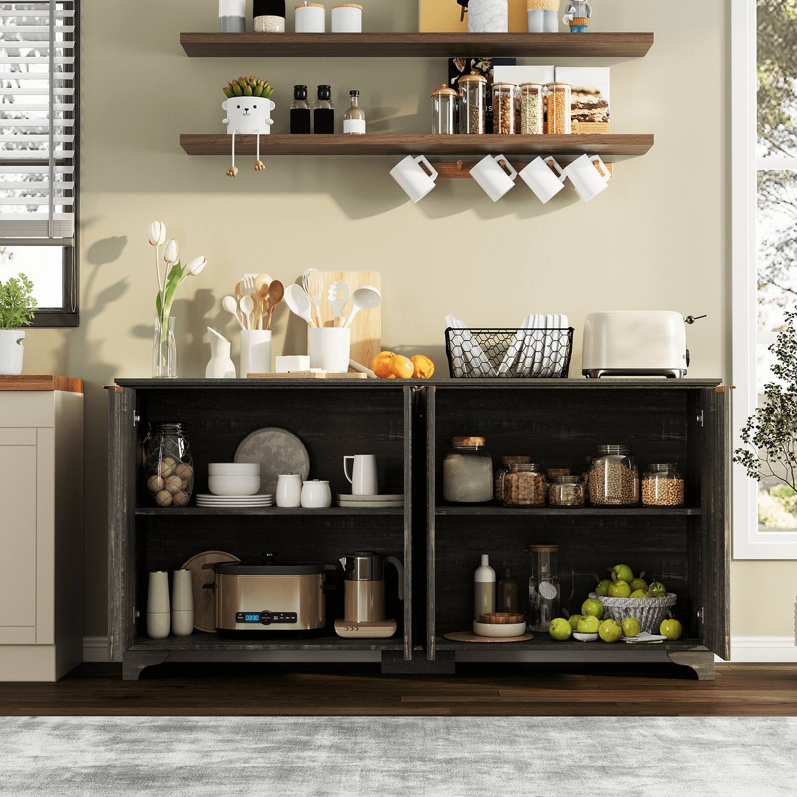 Angle. GARVEE - Black 61-Inch Modern Fluted Buffet Cabinet, 4-Door Wooden Sideboard with Adjustable Shelves, Modern Storage - Black.