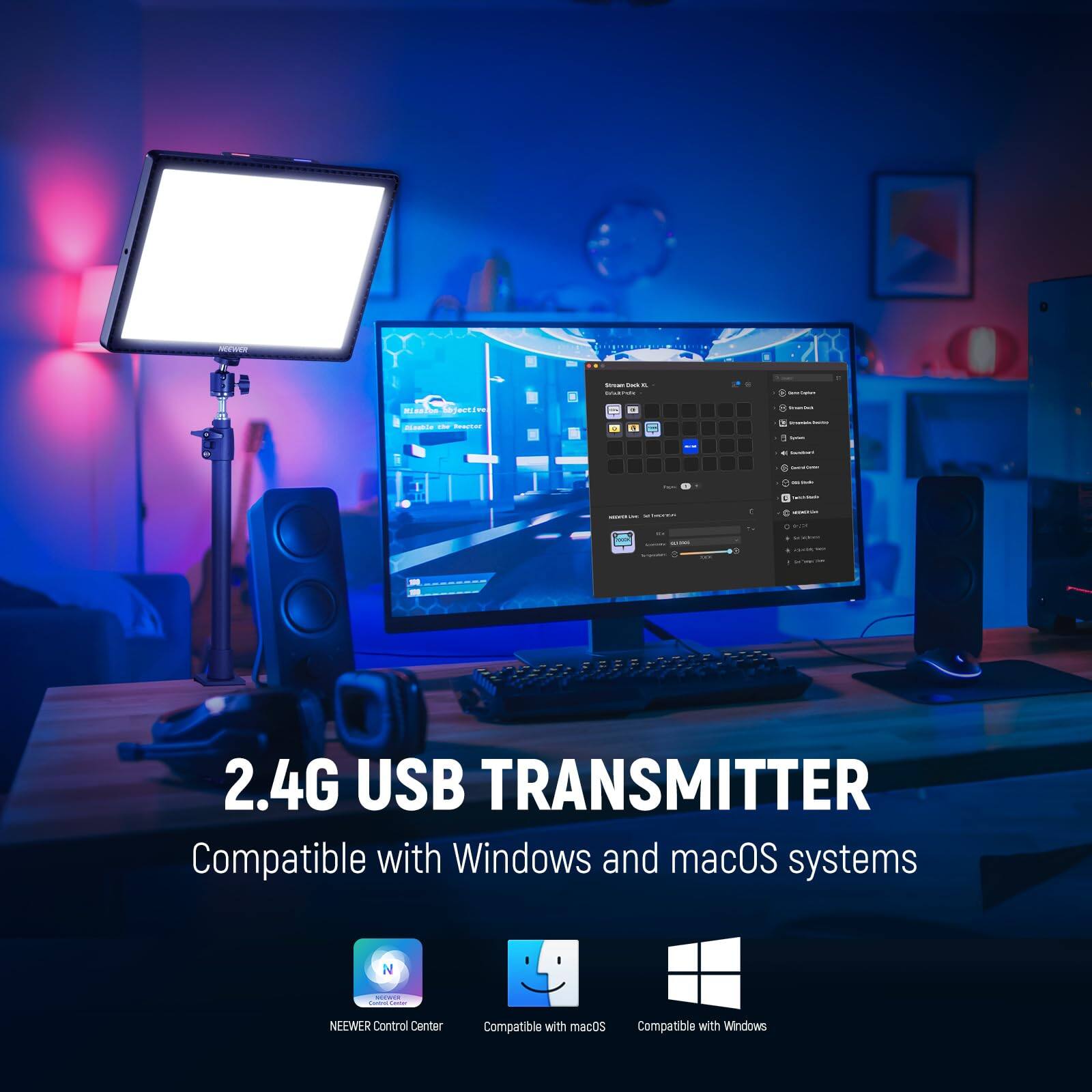 2.4G USB TRANSMITTER  
Compatible with Windows and macOS systems  

NEEWER Control Center  
Compatible with macOS  
Compatible with Windows