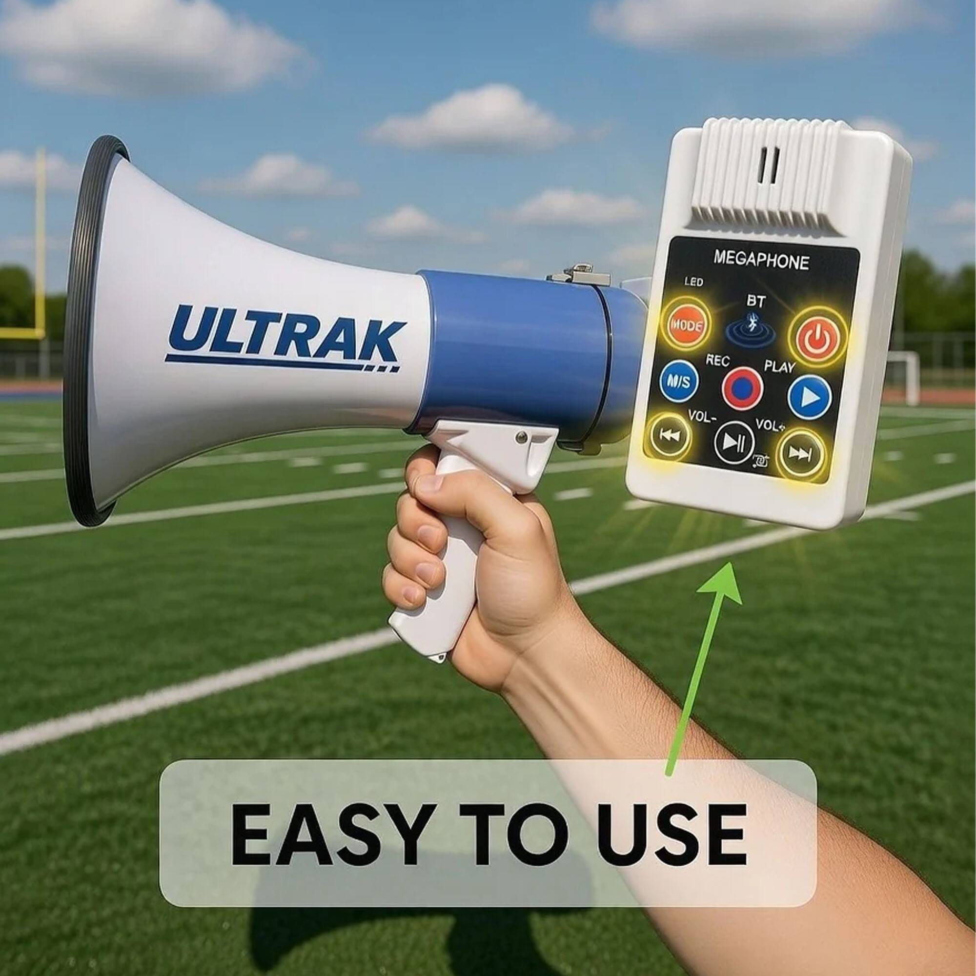 ULTRAK MEGAPHONE LED BT MODE REC PLAY M/S VOL- VOL+ K N 00 EASY TO USE