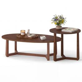 Costway - Nesting Coffee Table Set of 2 Oval Accent Table & Round Sofa Side Table - Walnut