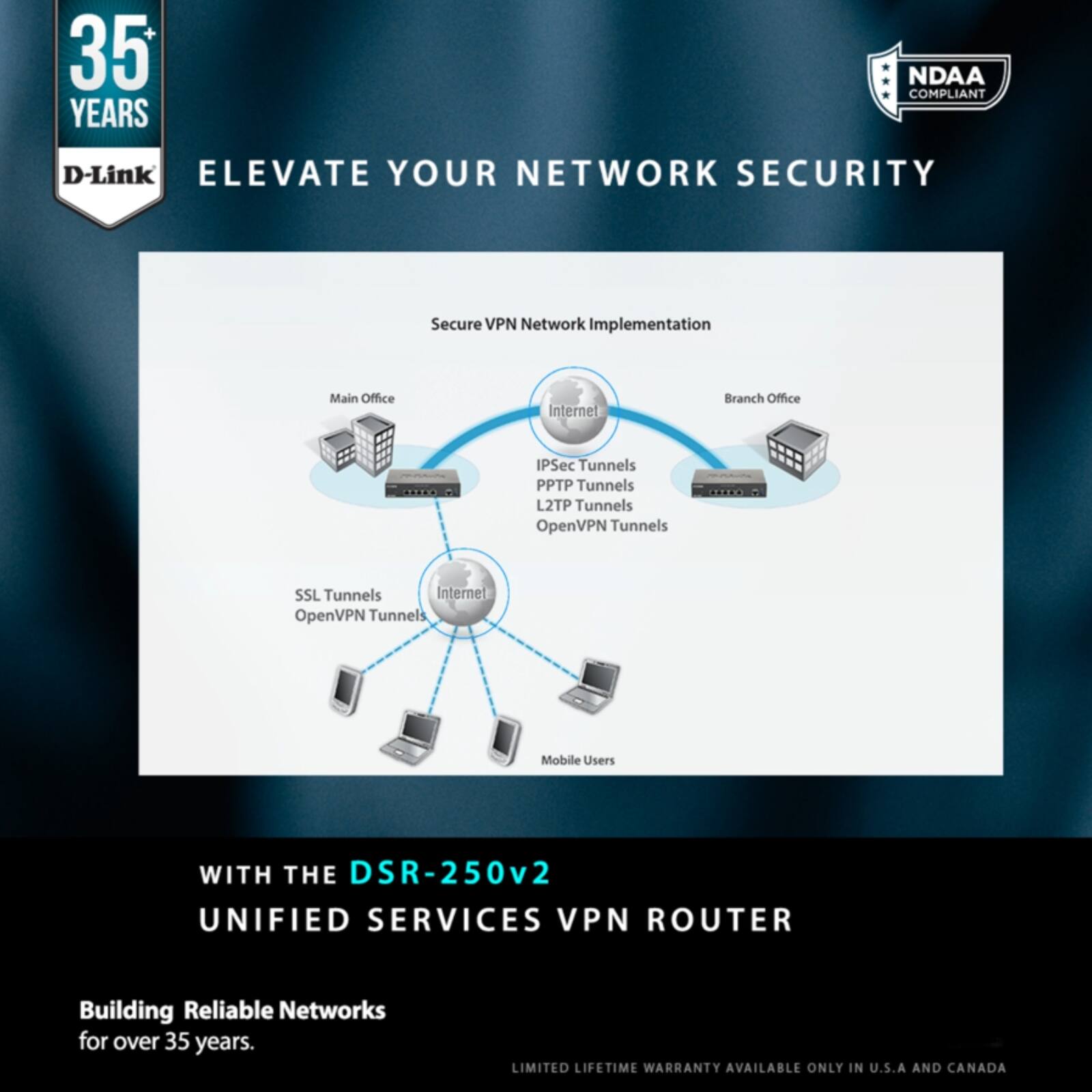 35 YEARS  
D-Link  
ELEVATE YOUR NETWORK SECURITY  

Secure VPN Network Implementation  
Main Office  
Branch Office  
IPSec Tunnels  
PPTP Tunnels  
L2TP Tunnels  
OpenVPN Tunnels  
SSL Tunnels  
OpenVPN Tunnels  
Mobile Users  

WITH THE DSR-250v2  
UNIFIED SERVICES VPN ROUTER  

Building Reliable Networks for over 35 years.  

LIMITED LIFETIME WARRANTY AVAILABLE ONLY IN U.S.A AND CANADA  

NDAA COMPLIANT