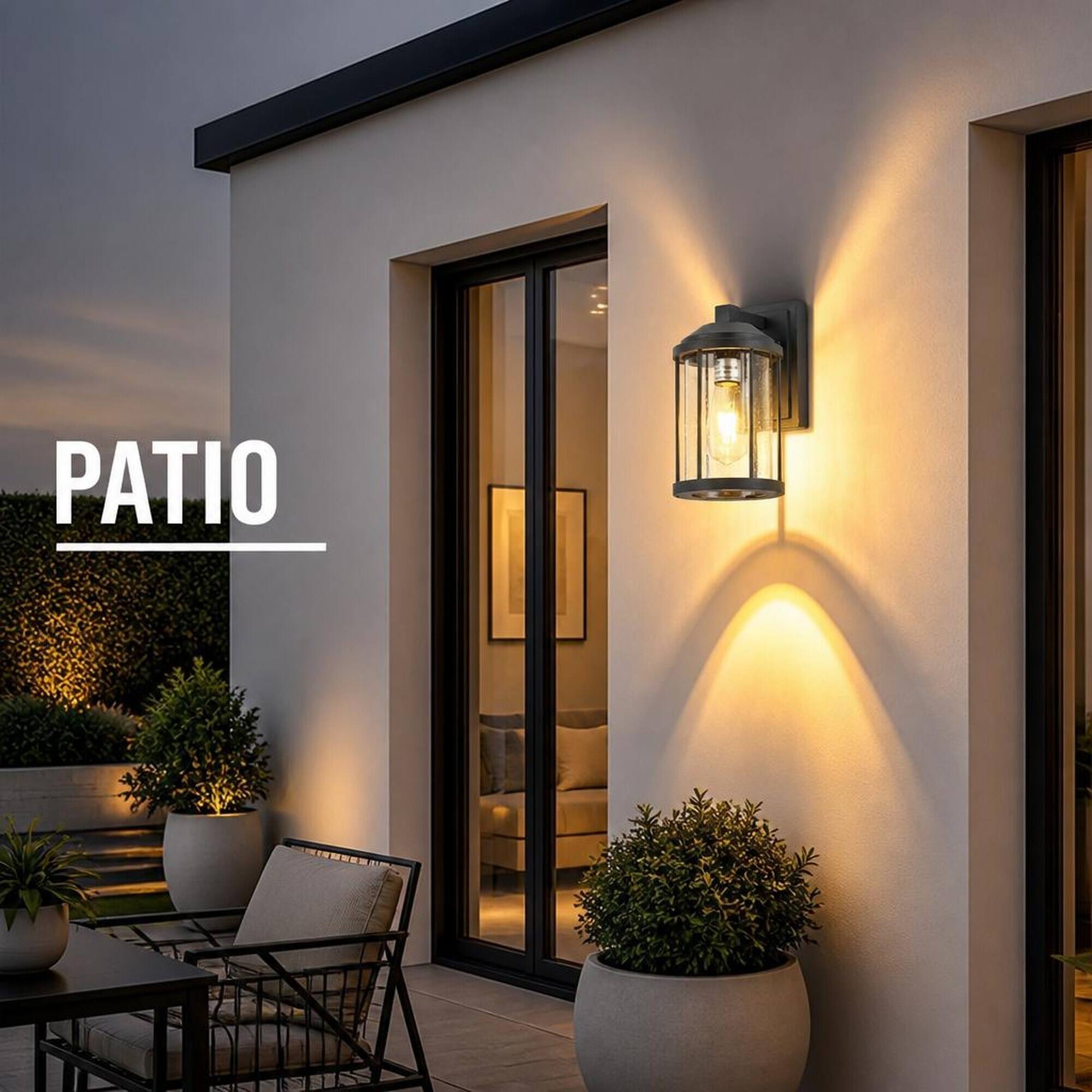 Back. RYHNUYNE - 2-Pack Outdoor Wall Sconces, Exterior Lantern Fixtures with Seeded Glass, Black Finish for Porch, Garage, Patio, Yard.