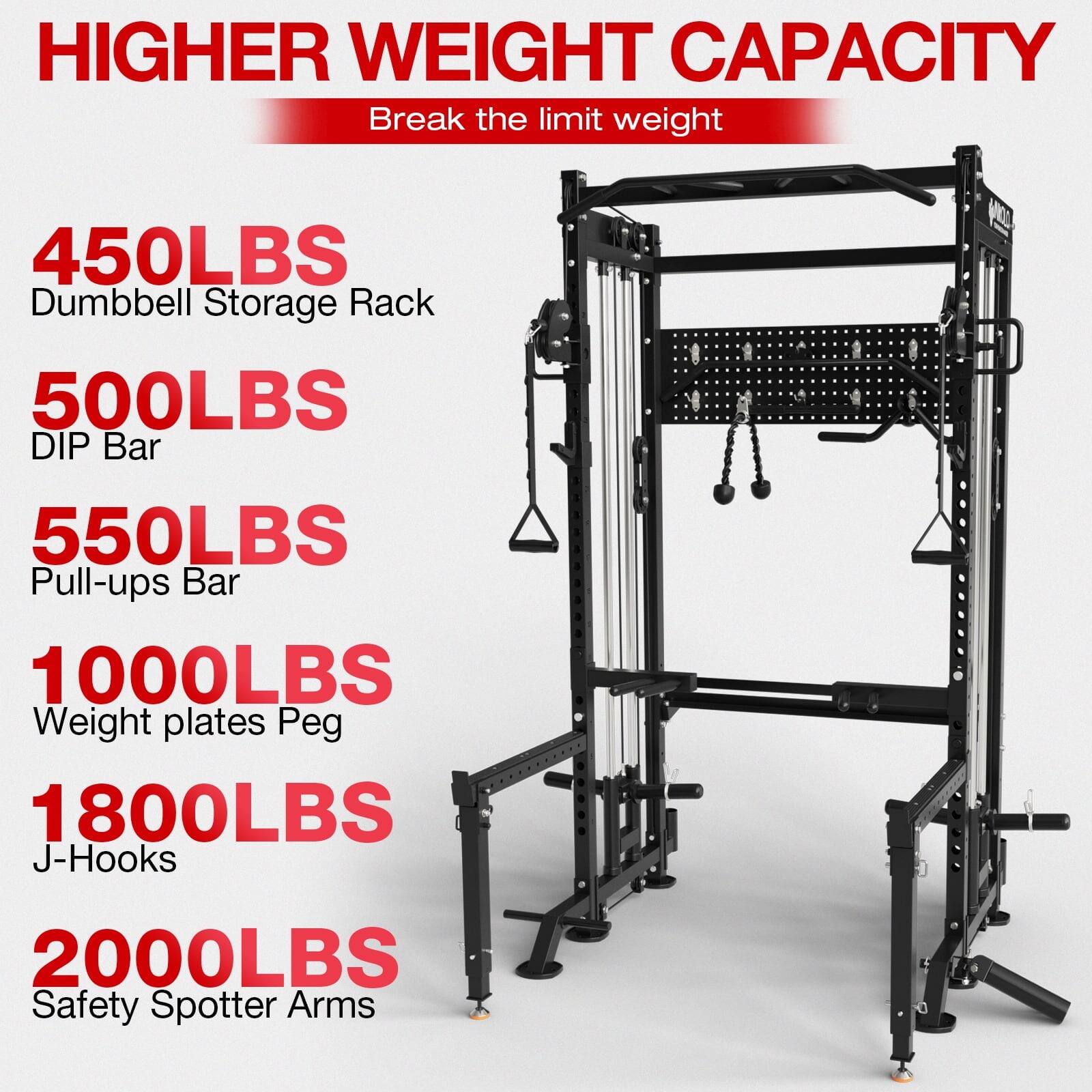 HIGHER WEIGHT CAPACITY
Break the limit weight
450LBS Dumbbell Storage Rack
500LBS DIP Bar
550LBS Pull-ups Bar
1000LBS Weight plates Peg
1800LBS J-Hooks
2000LBS Safety Spotter Arms