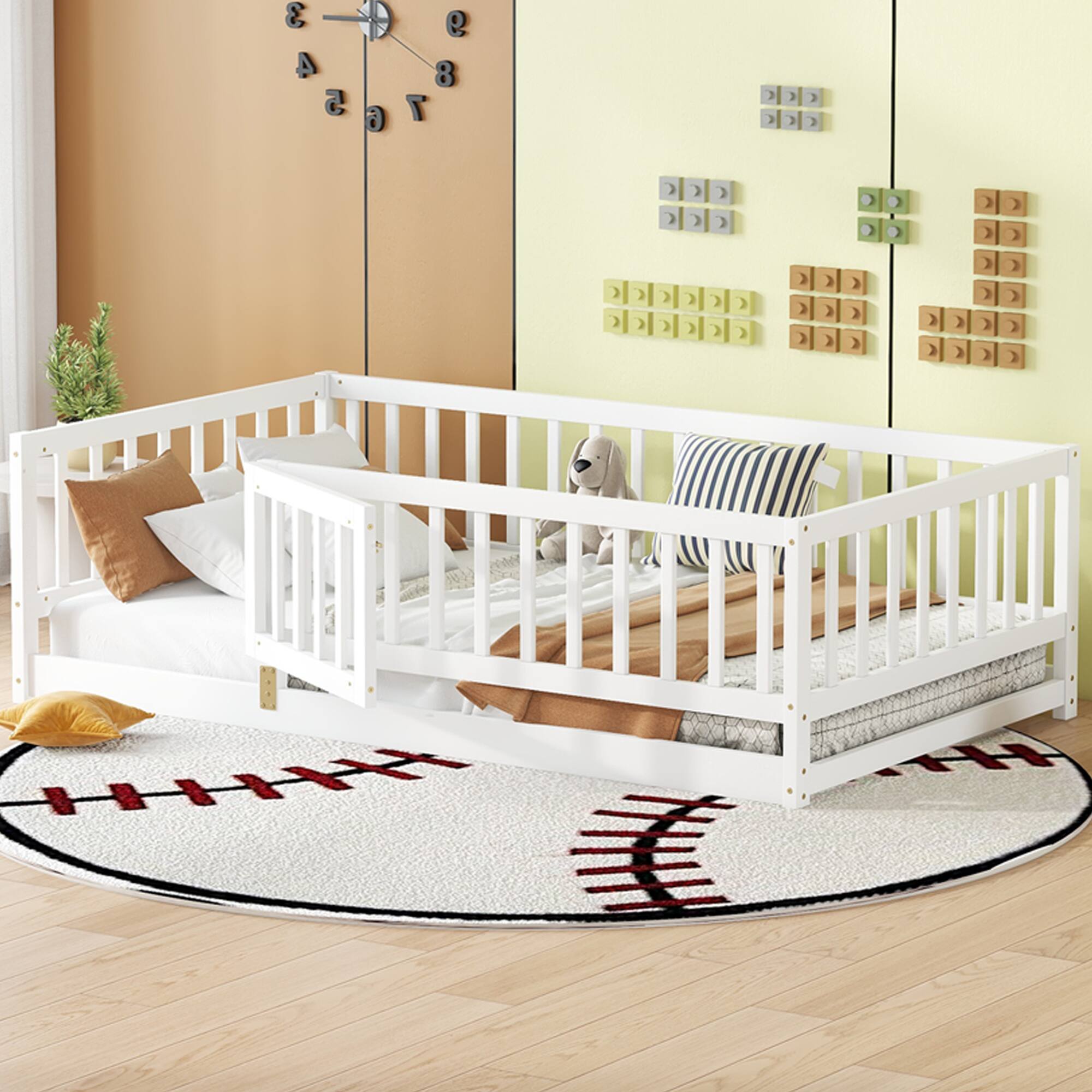 Left. GOODSILO - Twin Size Montessori Floor Bed with Fence and Door, Wood Bed Frame for Kids, Boys & Girls - White.