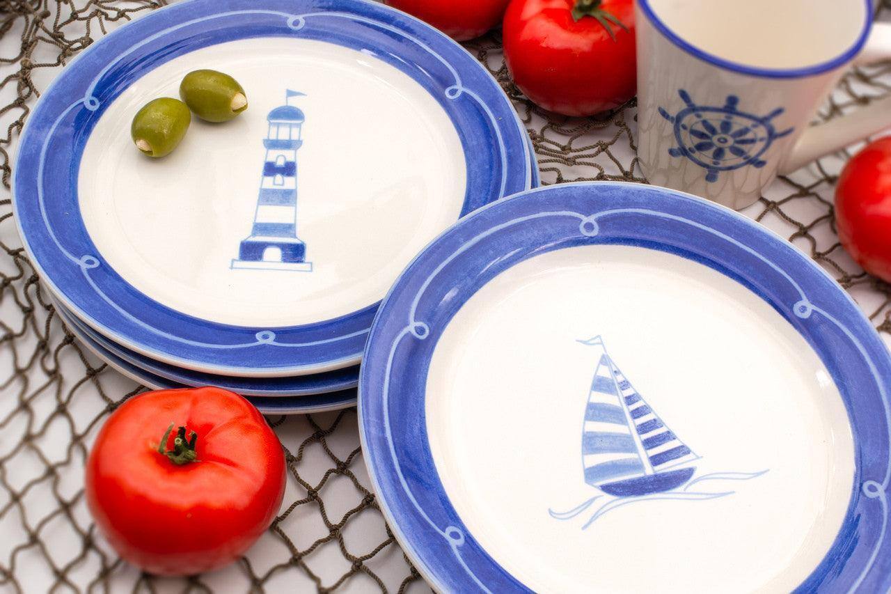 Back. Euro Ceramica Home - Ahoy Assorted Salad Plates Set of 4 - Stoneware, Microwave and Dishwasher Safe - Blue / White.