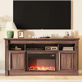 GARVEE - Farmhouse Fireplace TV Stand - Entertainment Center, Open Storage - Brown