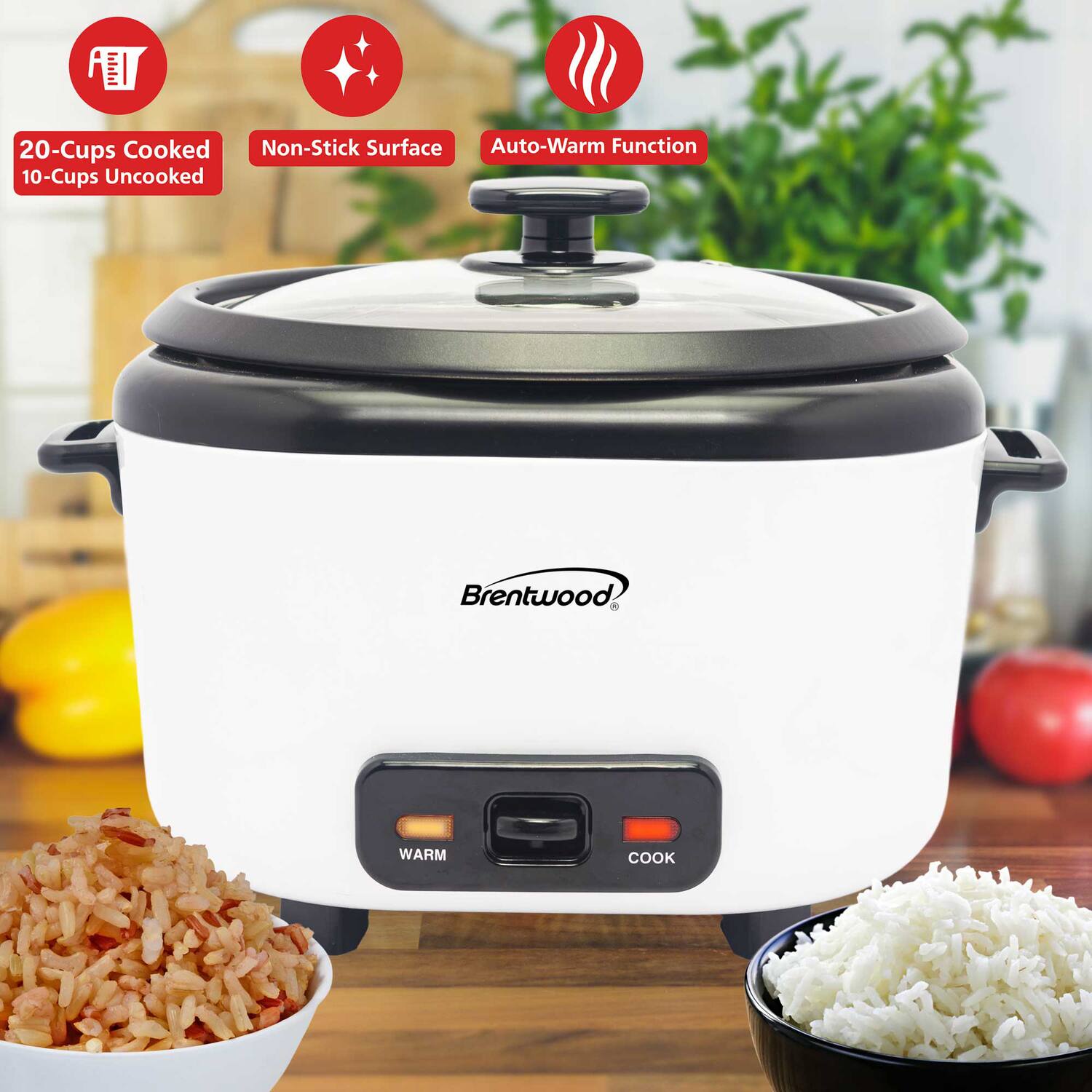 - 20-Cups Cooked
- 10-Cups Uncooked
- Non-Stick Surface
- Auto-Warm Function
- Brentwood
- WARM
- COOK