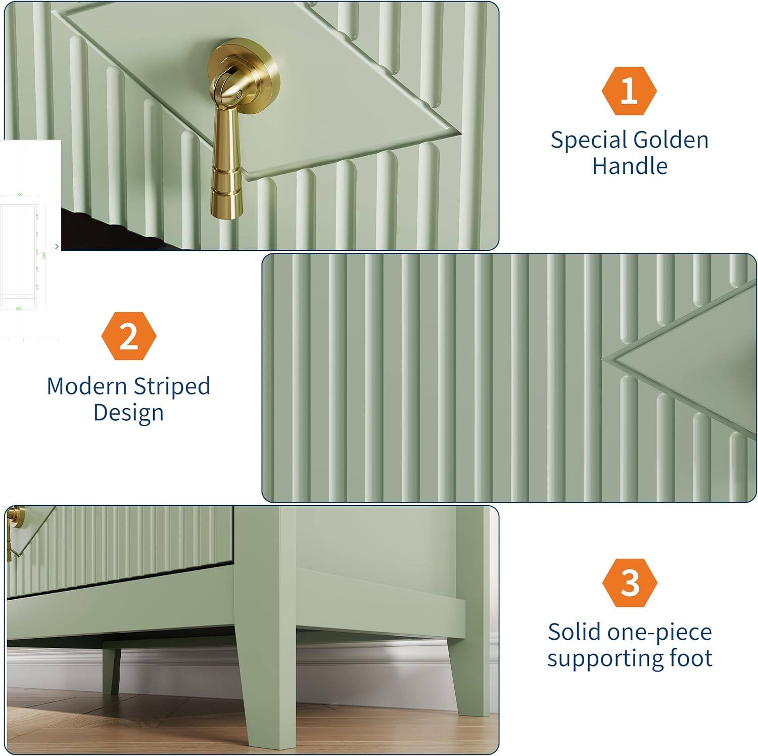 1. Special Golden Handle  
2. Modern Striped Design  
3. Solid one-piece supporting foot