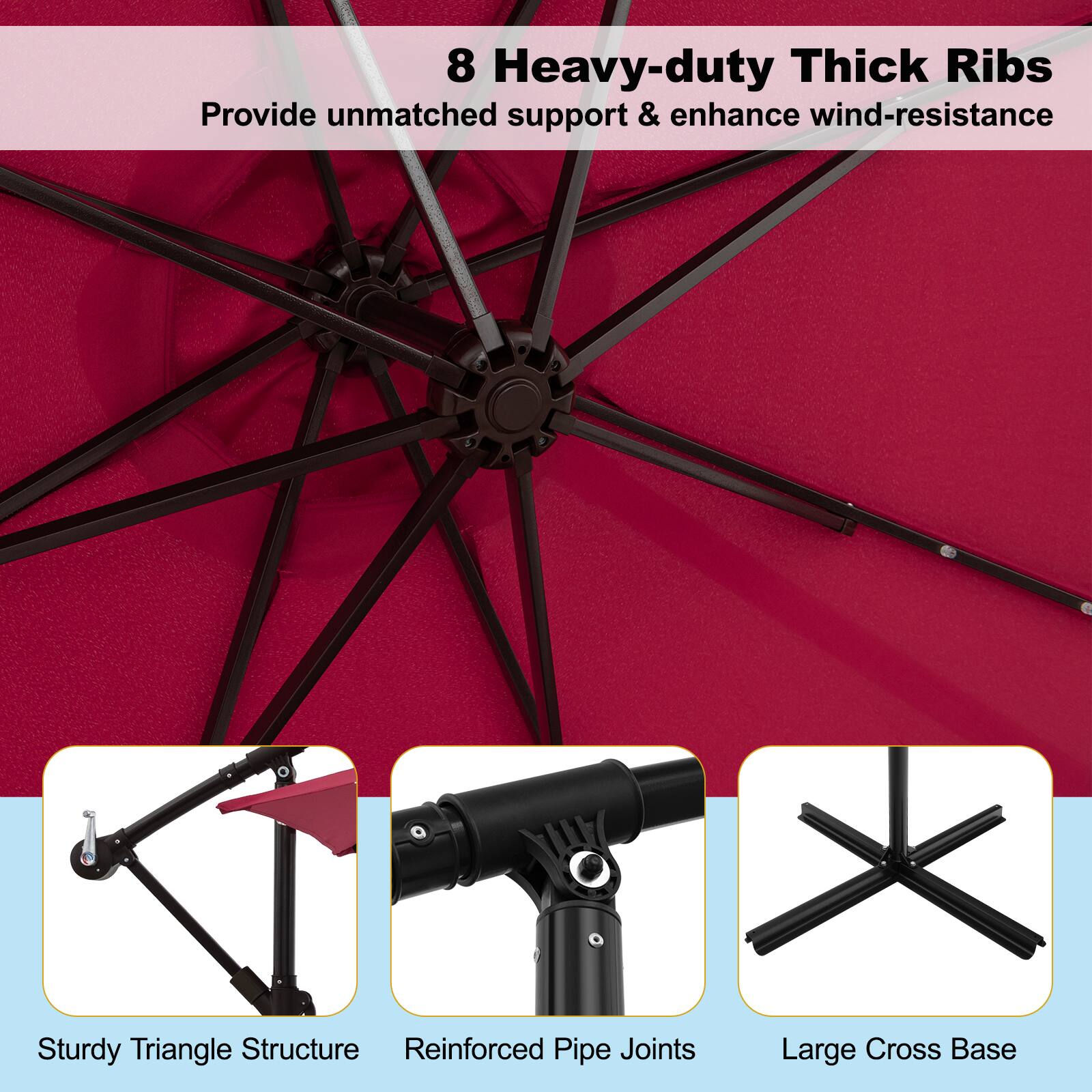 The image features a red background with a wind-resistant structure, likely an umbrella, in the center. The structure is made up of eight heavy-duty thick ribs that provide unmatched support and enhance wind-resistance. The design of the structure is based on a sturdy triangle structure, and it has reinforced pipe joints for added stability. Additionally, the structure features a large cross base, which further adds to its stability and durability.