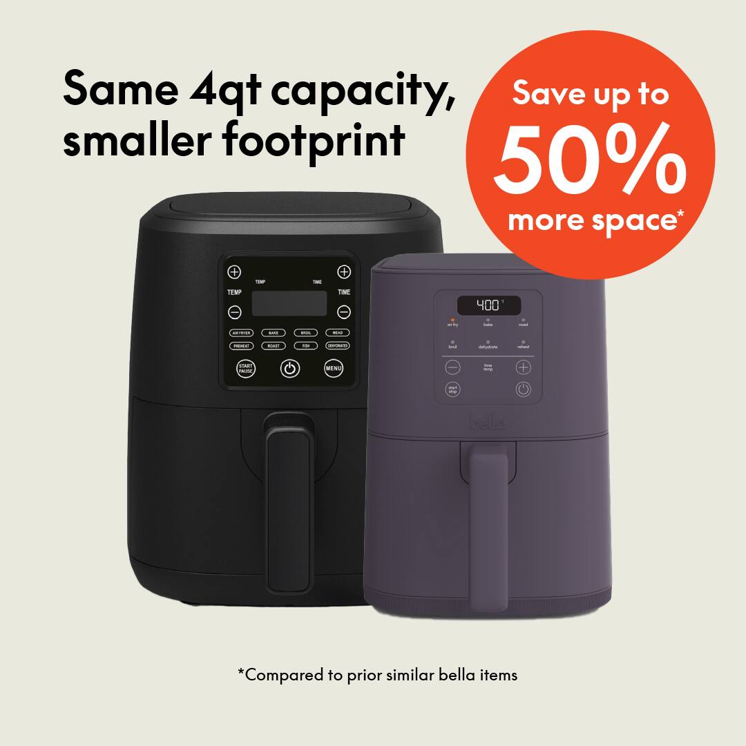 Same 4qt capacity, smaller footprint, Save up to 50% more space* Compared to prior similar bella items