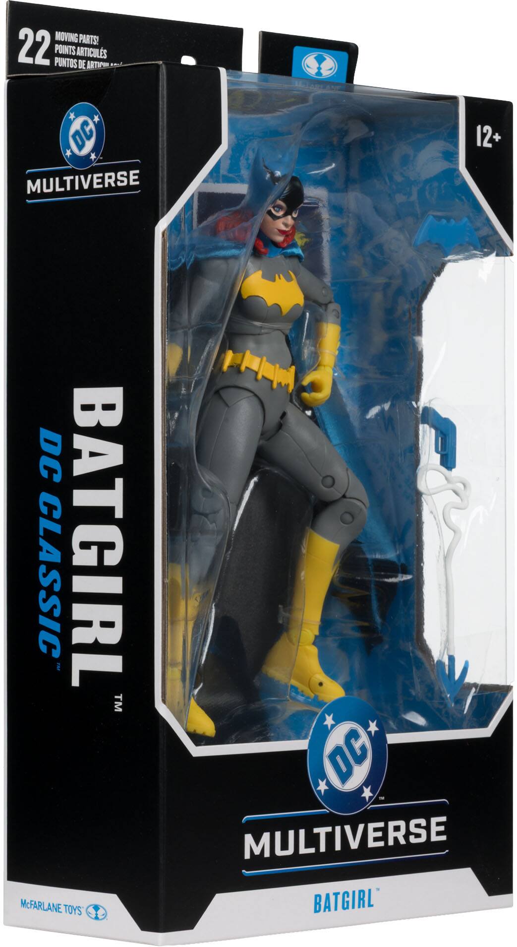 Sure, here is the corrected and grouped text from the image:

---

**DC MULTIVERSE**

**DC CLASSIC**

**BATGIRL™**

**22 MOVING PARTS!**

**POINTS ARTICULS DE ARTICULACIÓN**

**PUNTOS DE ARTICULACIÓN**

**12+**

**McFARLANE TOYS**

---

This text is organized to reflect the information on the packaging accurately.