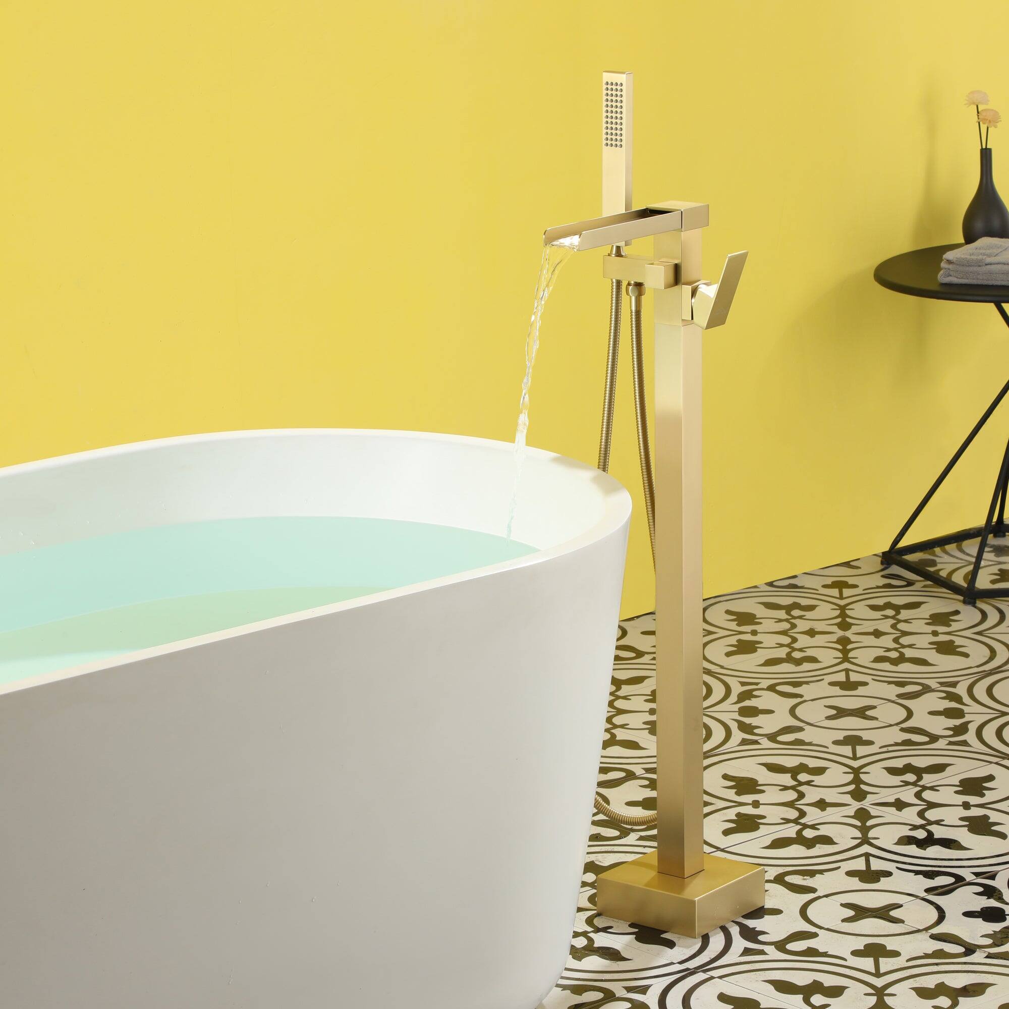 Alt View 4. Boyel Living - Freestanding Floor Mount Single Handle Waterfall Tub Filler Faucet with Handheld Shower in Brushed Gold - Brushed Gold.