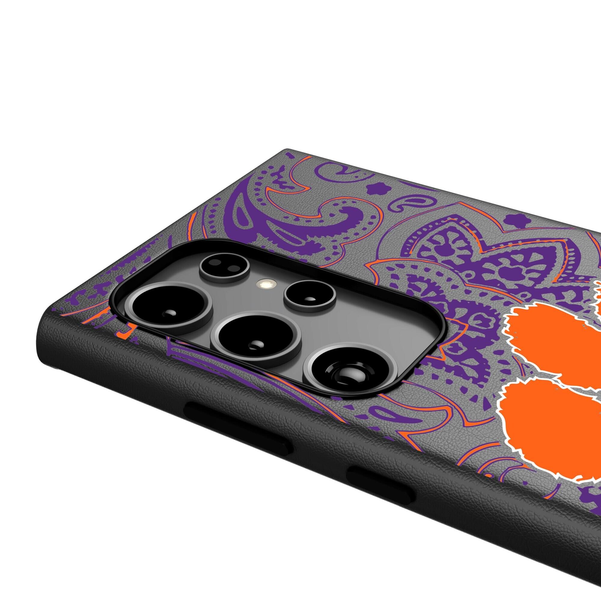 Alt View 3. Keyscaper - Clemson Tigers Paisley Galaxy Magnetic Bump Case - S24 Ultra - Black.