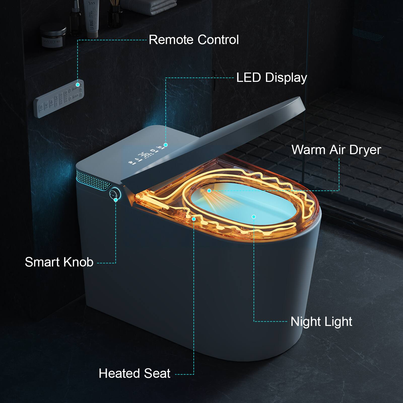 - Remote Control
- LED Display
- Warm Air Dryer
- Smart Knob
- Night Light
- Heated Seat