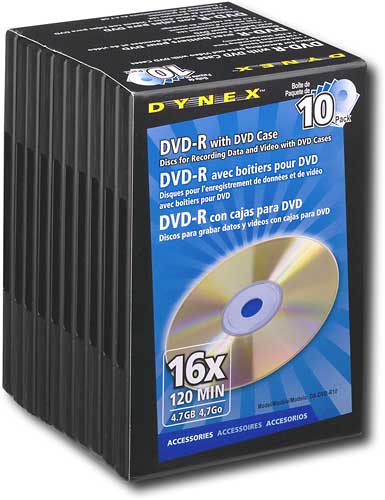 Angle Standard. Dynex - 10-Pack 16x DVD-R Discs with Video Boxes.