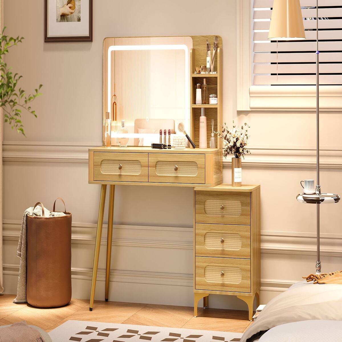 Alt View 9. Loheer - Loheer Makeup Vanity Desk with Mirror and Lights, Vintage Rattan Drawers, Natural Wood - Natural.