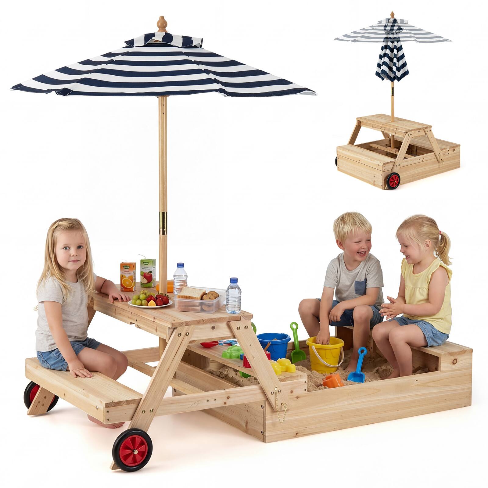 Alt View 9. Gymax - Gymax 3-in-1 Wooden Sandbox w/Foldable Umbrella Convertible Picnic Table Benches - Blue.