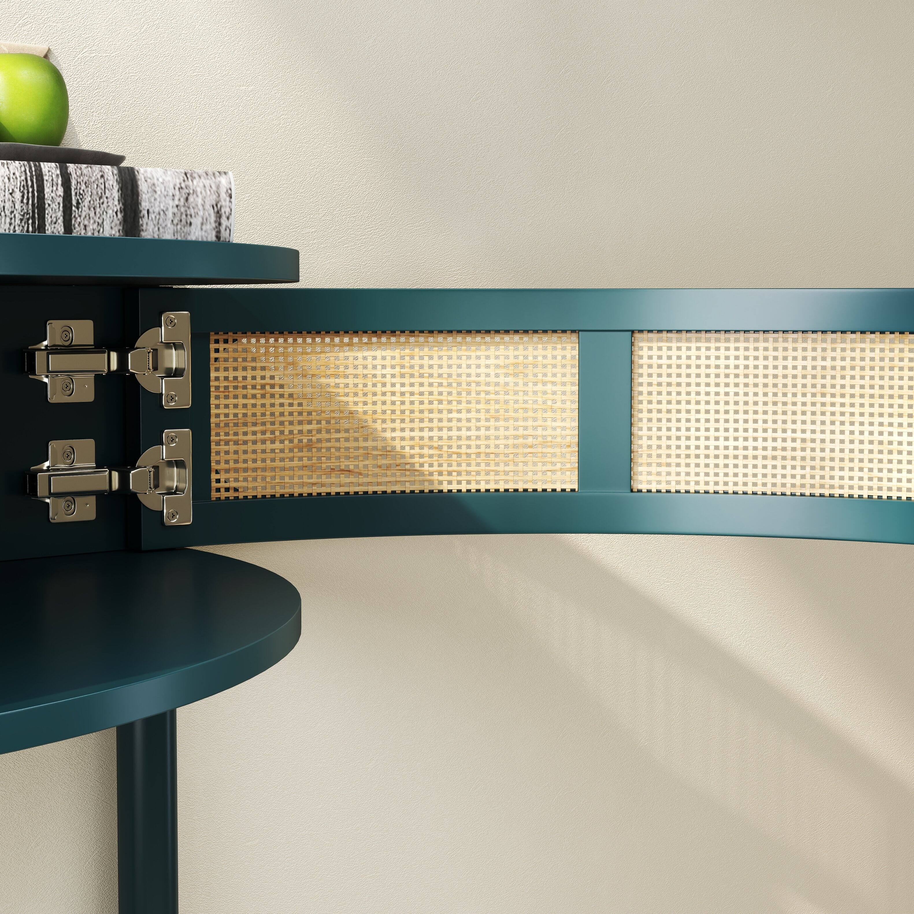 Alt View 6. Tiramisubest - Boho Rattan Semi Circle End Table with Sliding Rattan Door,Elegant Green Entryway Console with Storage and Bottom Shelf - Antique Green.