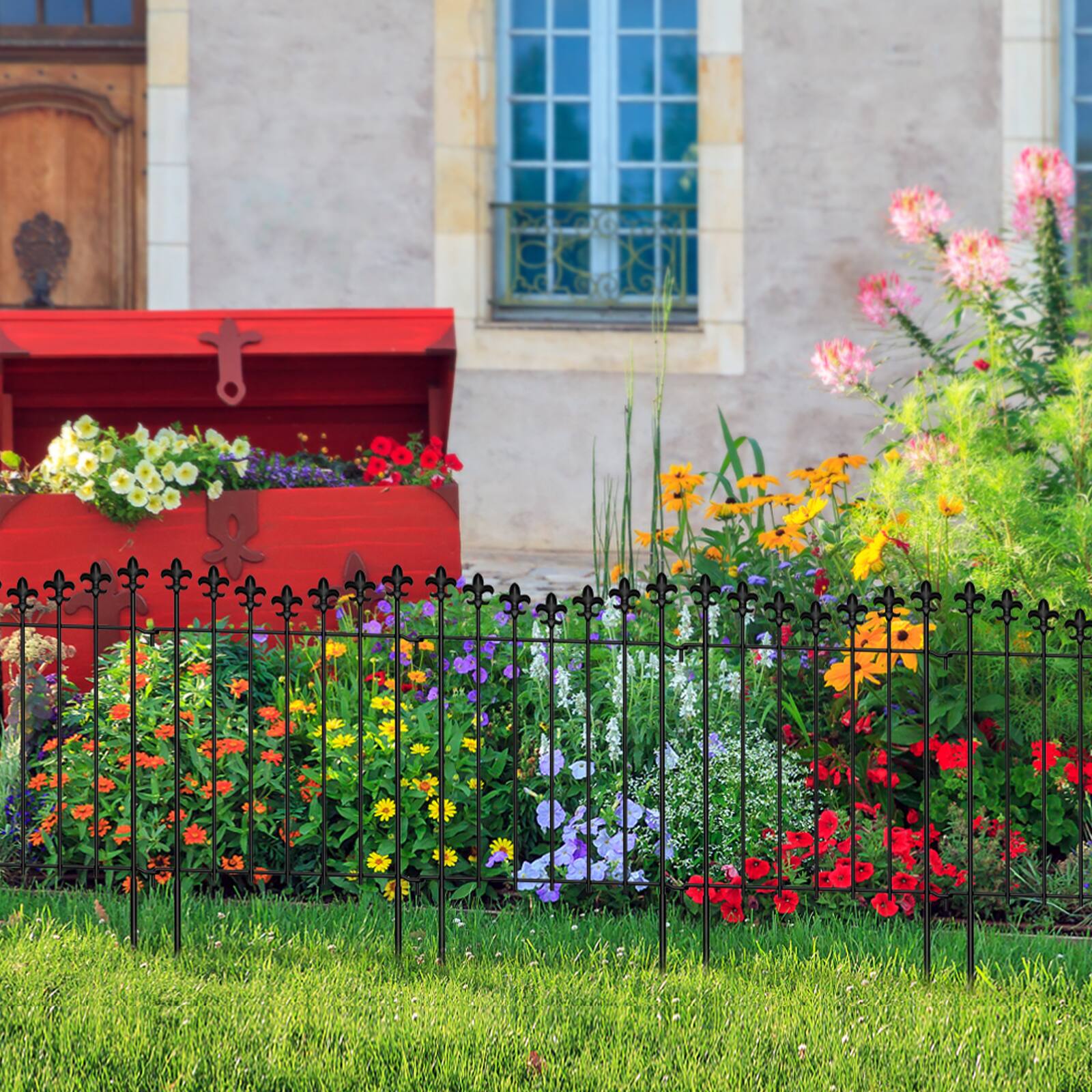 Alt View 2. Oumilen - 10-Pack Decorative Garden Fence Panels, 24in Tall Black Metal Fence with Fleur-de-Lis Top.