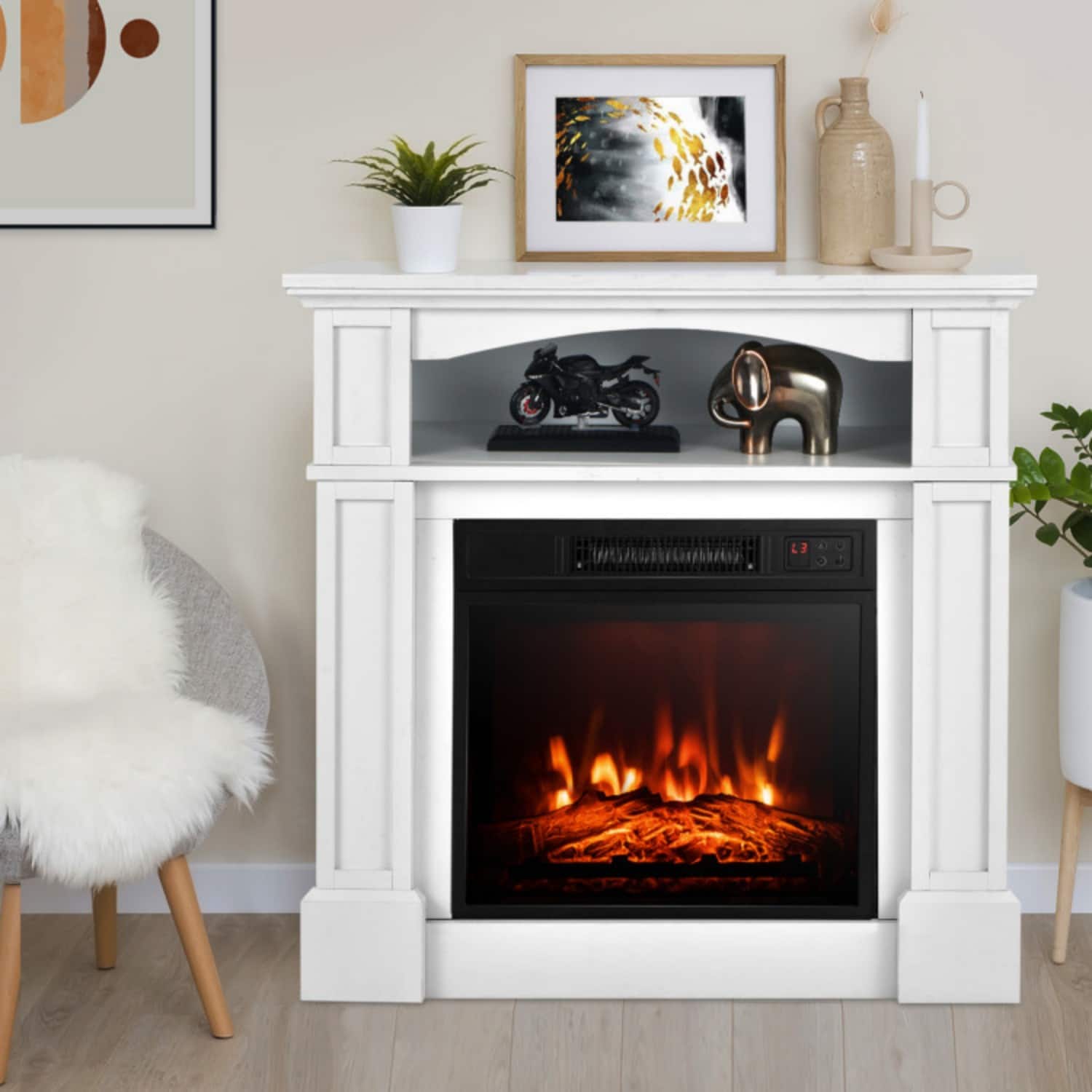 LUCKY ONE - 18 Inch Freestanding Electric Fireplace TV Stand with Shelf 2-in-1 - White