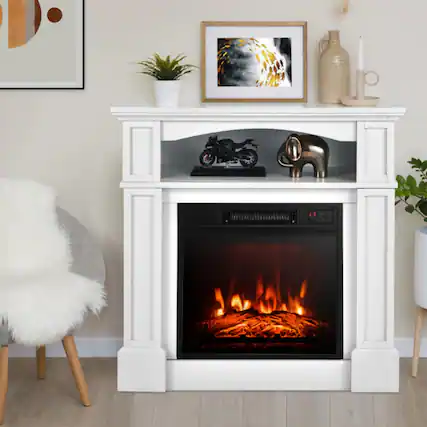 Front. LUCKY ONE - 18 Inch Freestanding Electric Fireplace TV Stand with Shelf 2-in-1 - White.