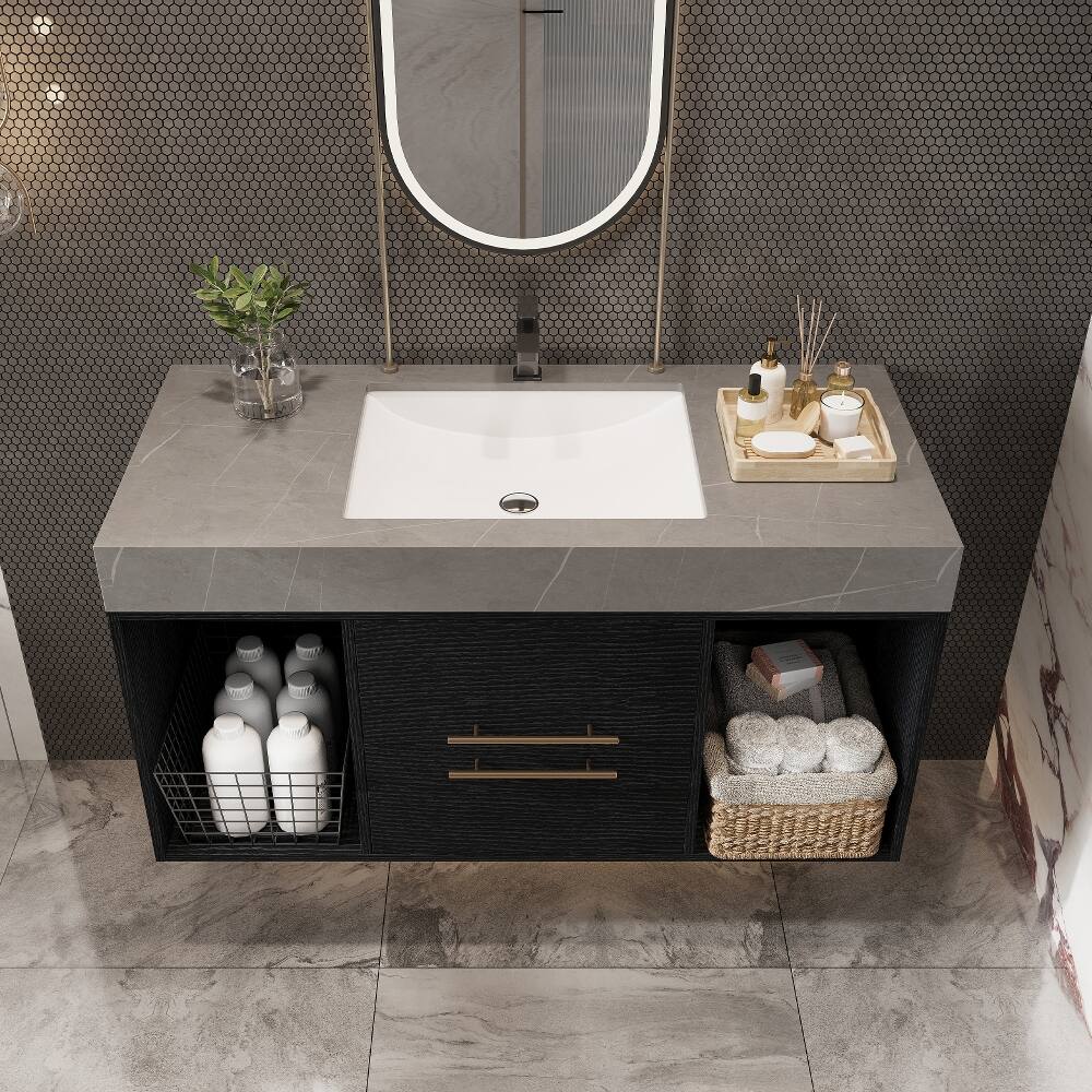 Left. Loheer - Loheer 39.4 inch floating bathroom vanity Black Wall Mounted Vanity with Sintered Stone Top Ceramic Sink - Black, Gray.