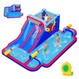 Costway - Giant Inflatable Water Slide Park with Double Slides & 3 Water Cannons With 750W Blower - Multicolor