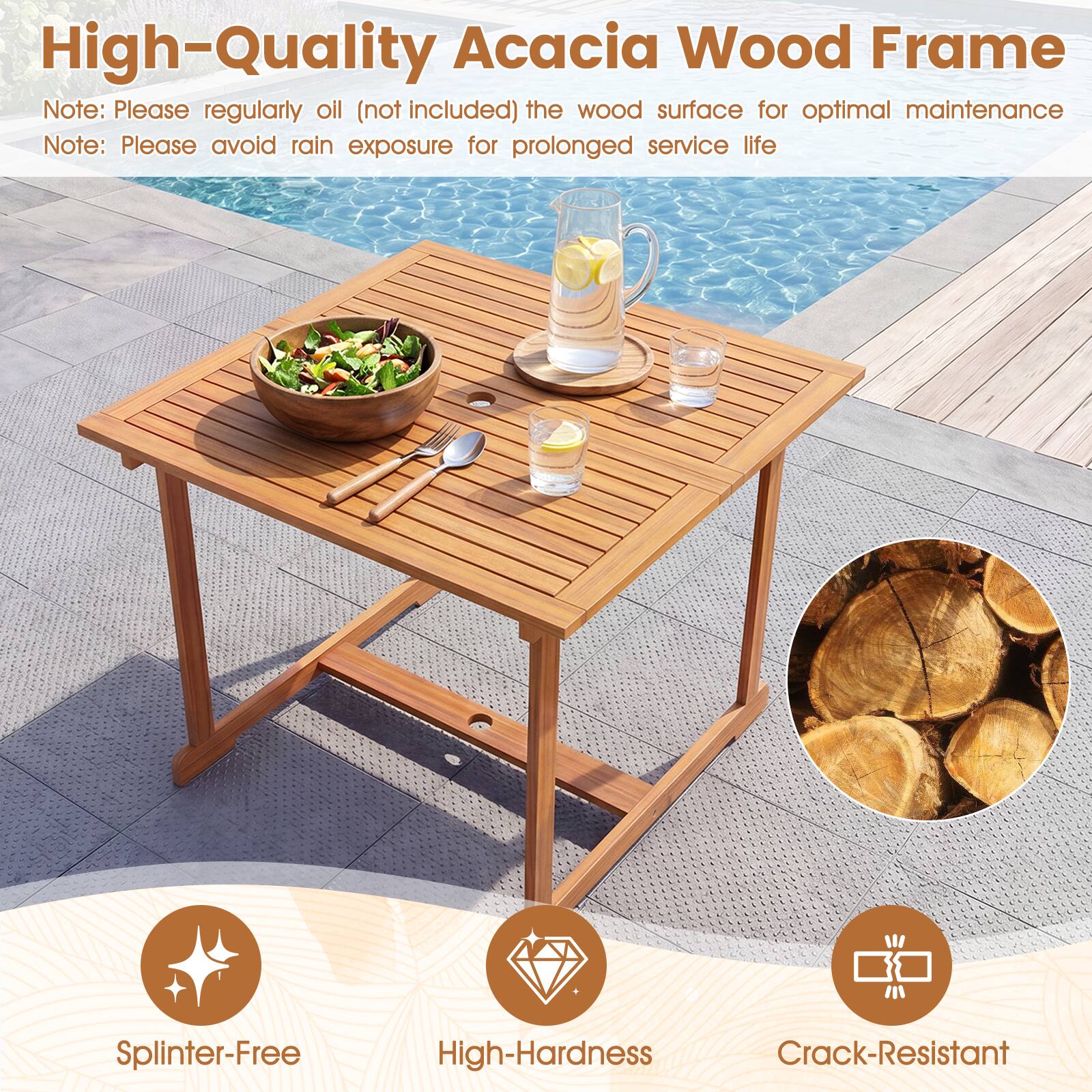 High-Quality Acacia Wood Frame

Note: Please regularly oil (not included) the wood surface for optimal maintenance
Note: Please avoid rain exposure for prolonged service life

Splinter-Free
High-Hardness
Crack-Resistant