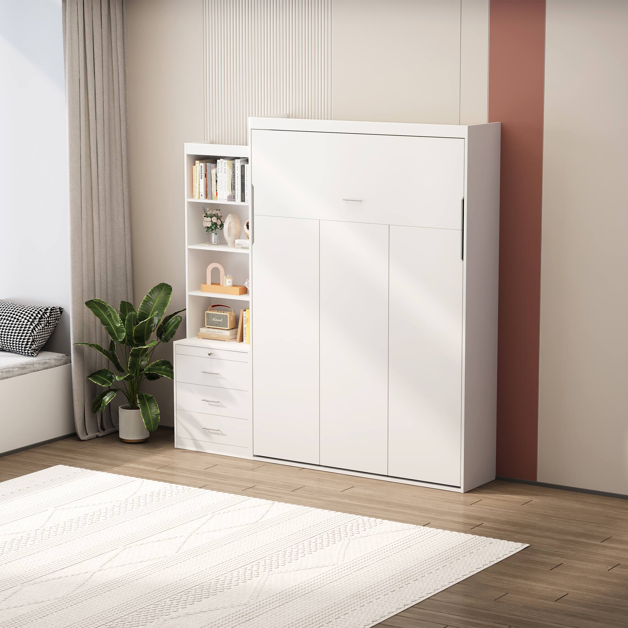 Back. Tiramisubest - Full Size Vertical Murphy Bed, White, Plywood, Space Saving - White.