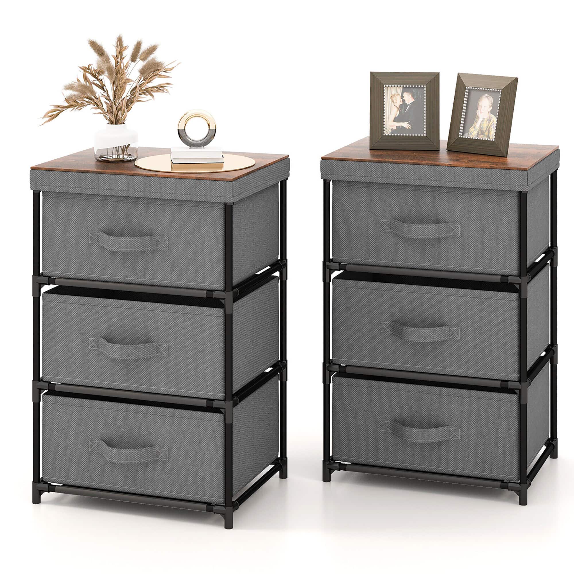 Costway - 2PCS 3 Drawers Dresser Fabric Storage Tower Organizer Unit Tall Nightstand Side Table - Gray/Rustic Brown