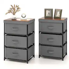 Costway - 2PCS 3 Drawers Dresser Fabric Storage Tower Organizer Unit Tall Nightstand Side Table - Gray/Rustic Brown