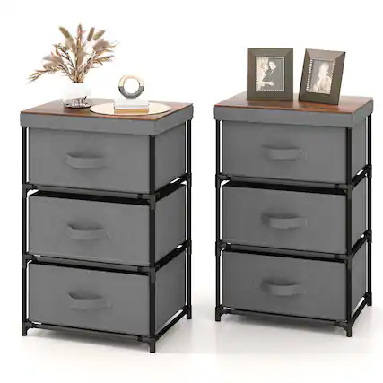 Front. Costway - 2PCS 3 Drawers Dresser Fabric Storage Tower Organizer Unit Tall Nightstand Side Table - Gray/Rustic Brown.