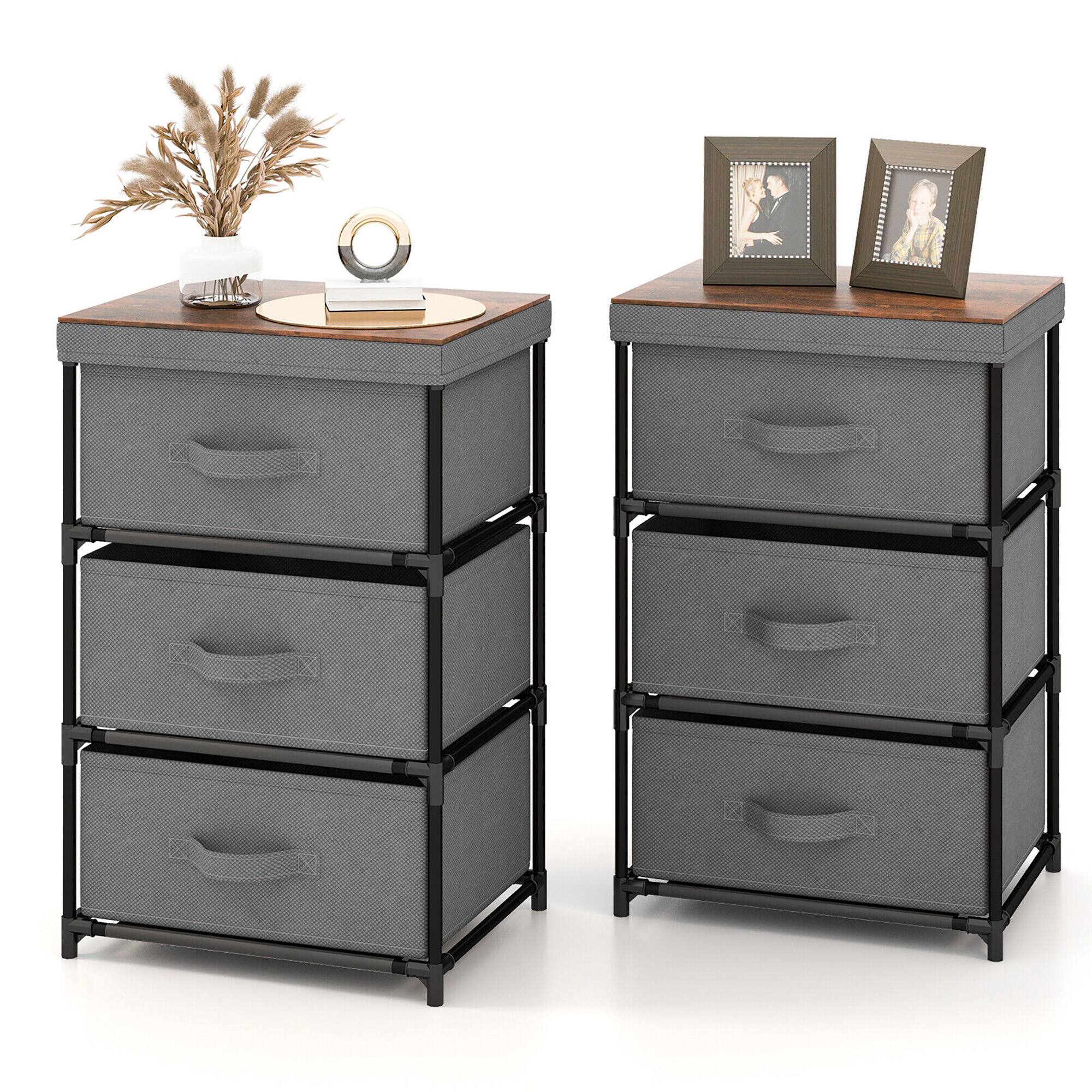 Front. Costway - 2PCS 3 Drawers Dresser Fabric Storage Tower Organizer Unit Tall Nightstand Side Table - Gray/Rustic Brown.