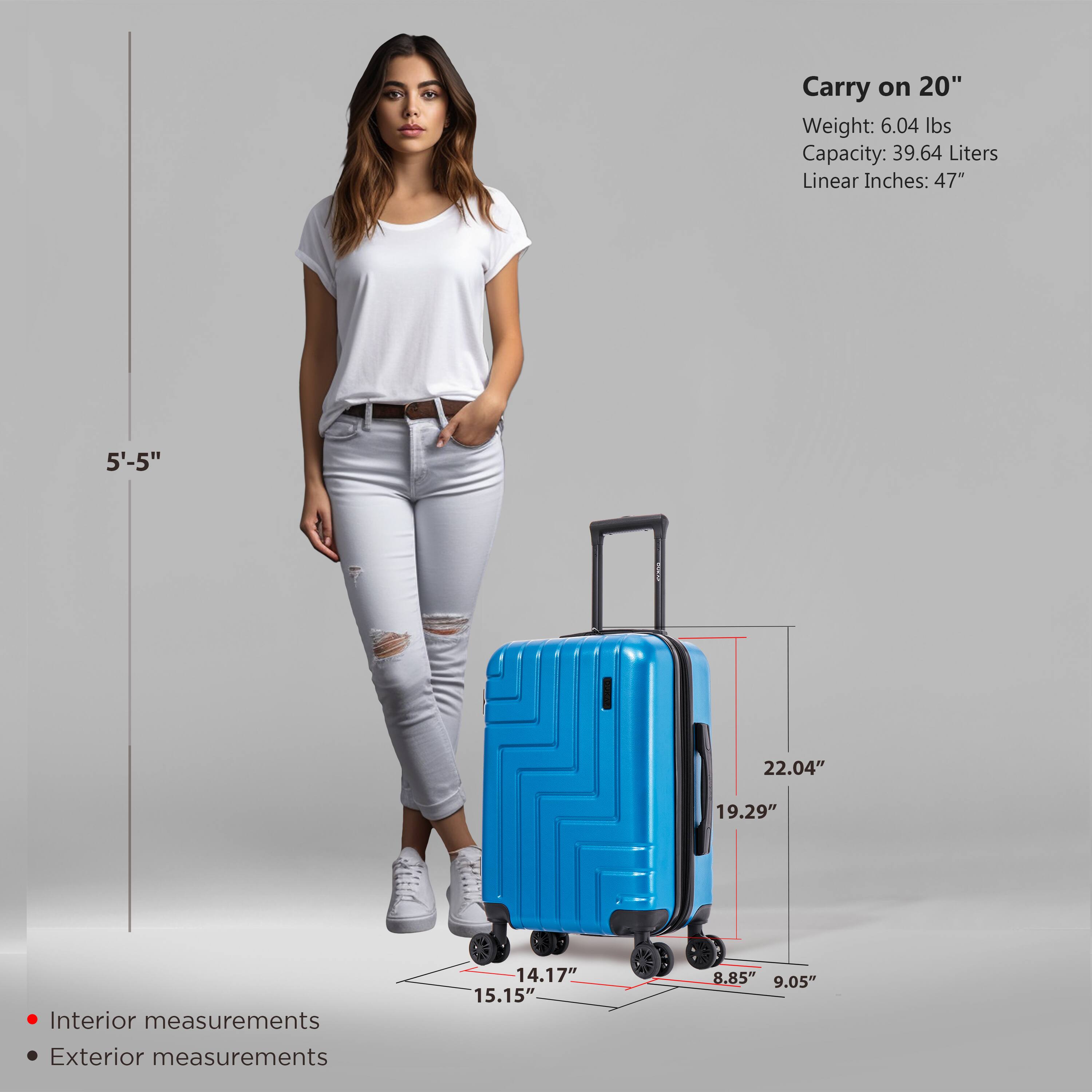 Carry on 20"  
Weight: 6.04 lbs  
Capacity: 39.64 Liters  
Linear Inches: 47"  

Interior measurements:  
14.17" x 15.15" x 8.85"  

Exterior measurements:  
22.04" x 19.29" x 9.05"  

5'-5"
